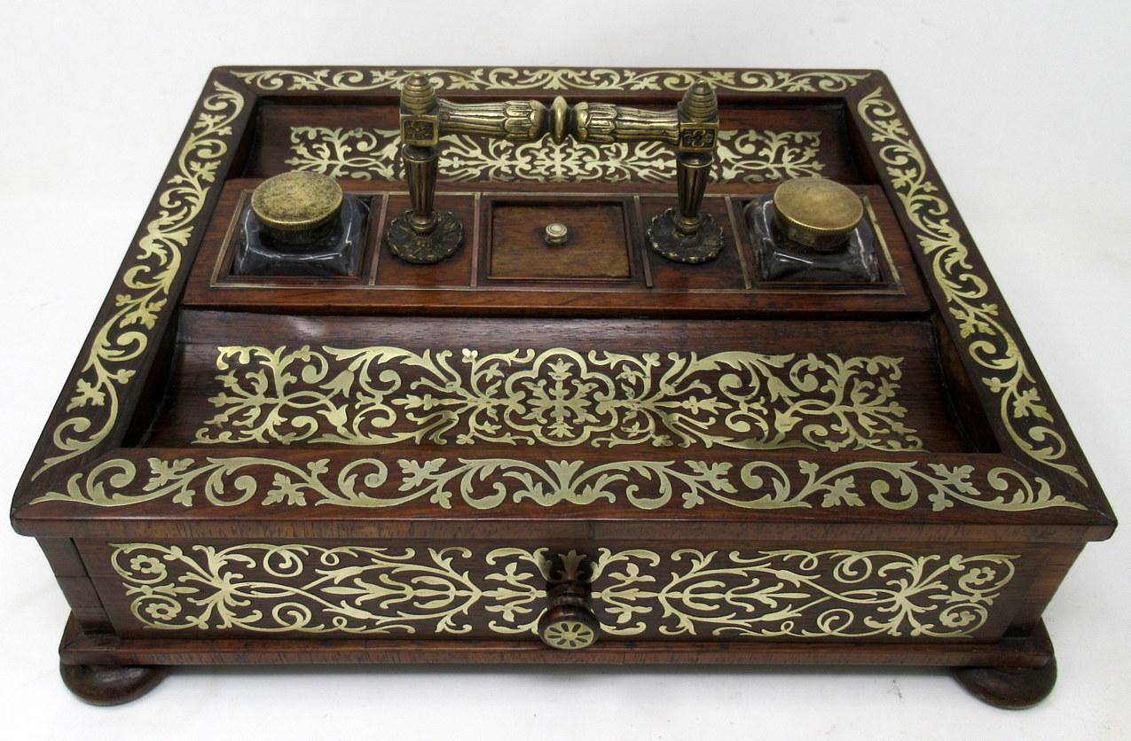 Antique Grand Tour Mahogany Brass Inlaid Desk Set Inkstand English Regency 19Ct In Good Condition For Sale In Dublin, Ireland