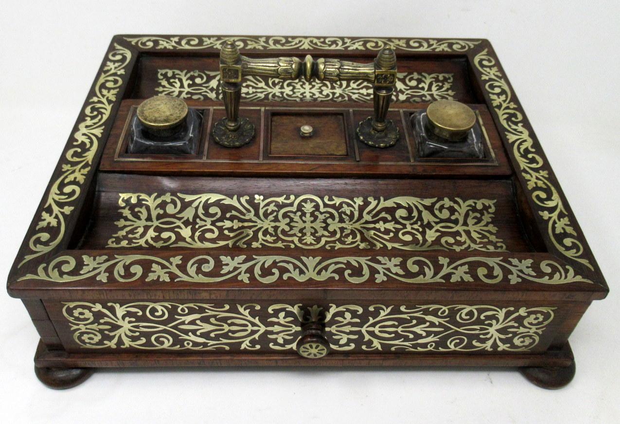 19th Century Antique Grand Tour Mahogany Brass Inlaid Desk Set Inkstand English Regency 19Ct For Sale