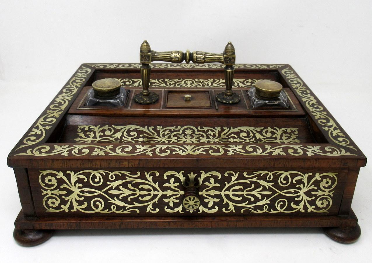 Antique Grand Tour Mahogany Brass Inlaid Desk Set Inkstand English Regency 19Ct For Sale 1