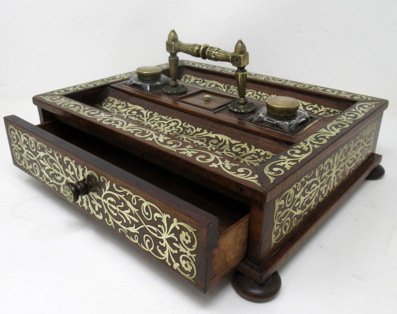Antique Grand Tour Mahogany Brass Inlaid Desk Set Inkstand English Regency 19Ct For Sale 2