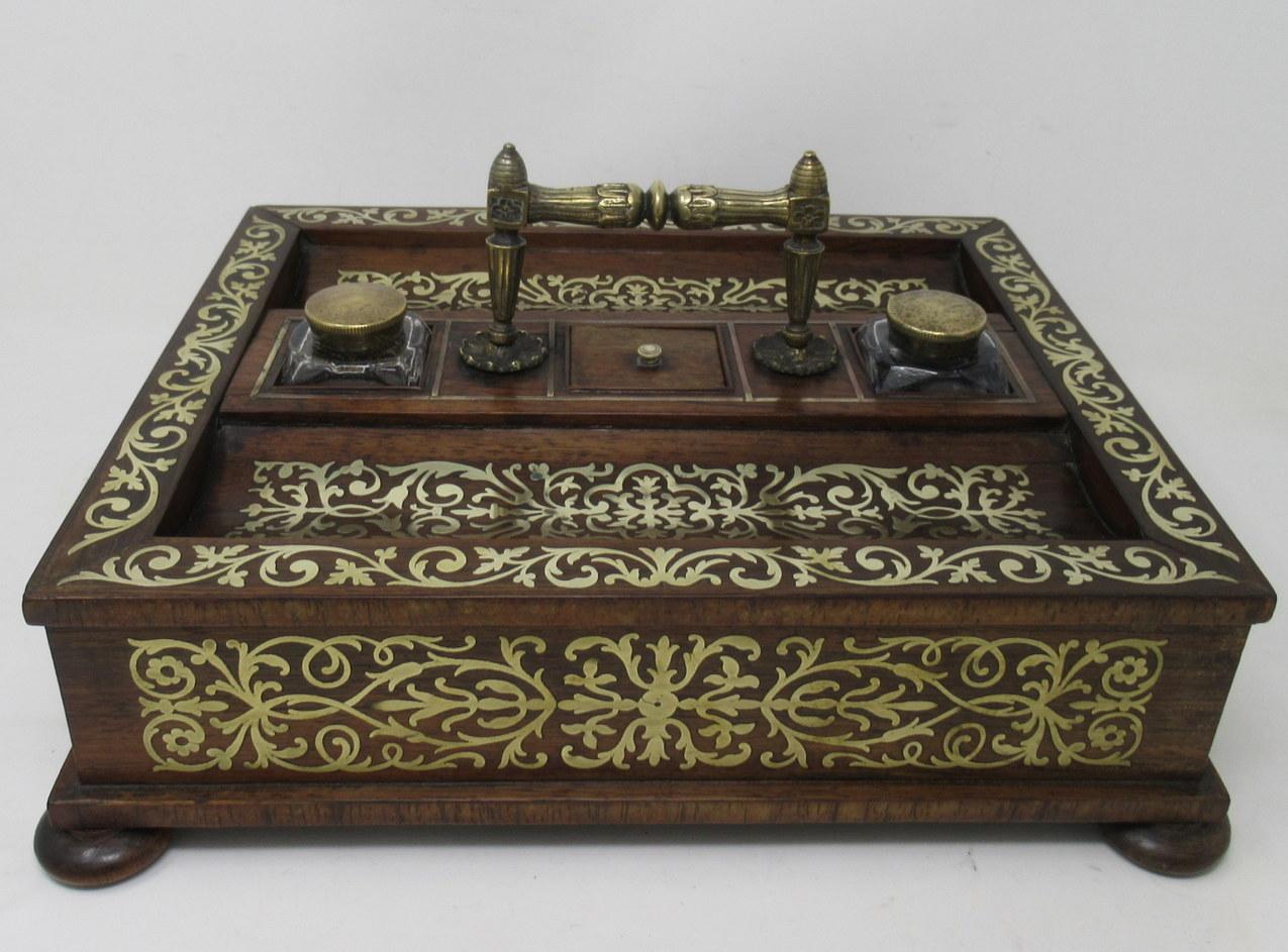 Antike Grand Tour Mahagoni Messing Intarsien Schreibtisch Set Tintenfass Englisch Regency 19Ct im Angebot 3