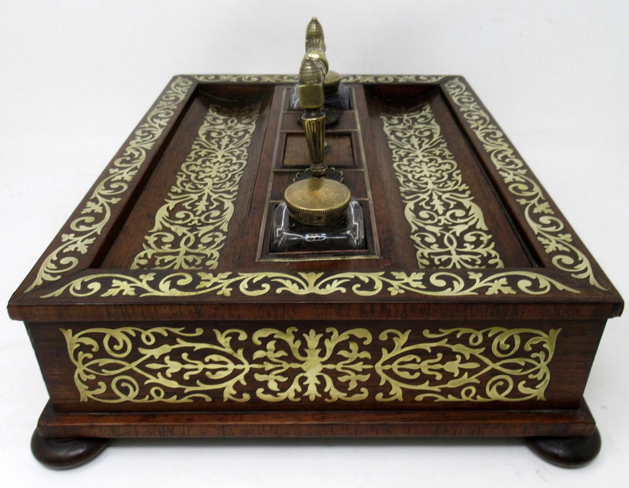 Antike Grand Tour Mahagoni Messing Intarsien Schreibtisch Set Tintenfass Englisch Regency 19Ct im Angebot 4