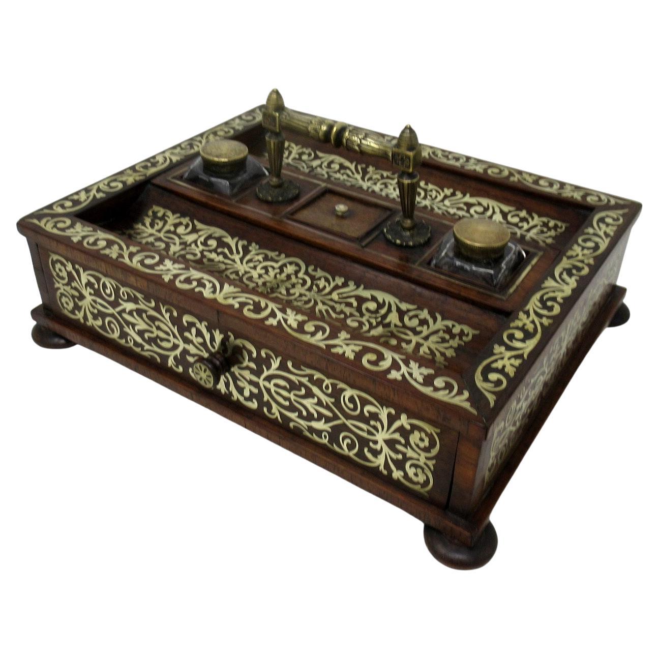 Antique Grand Tour Mahogany Brass Inlaid Desk Set Inkstand English Regency 19Ct For Sale