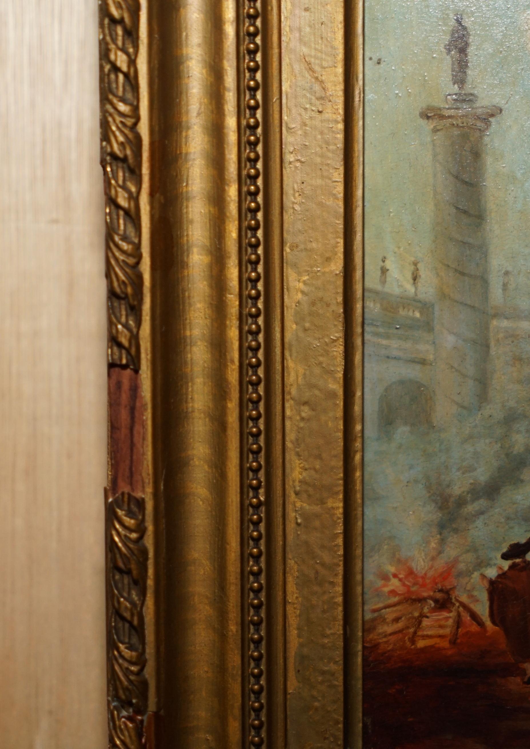 ANTIQUE GRAND TOUR MARCUS AURELIUS STATUE CORINTHIAN PiLLAR ROMAN OIL PAINTING in vendita 2