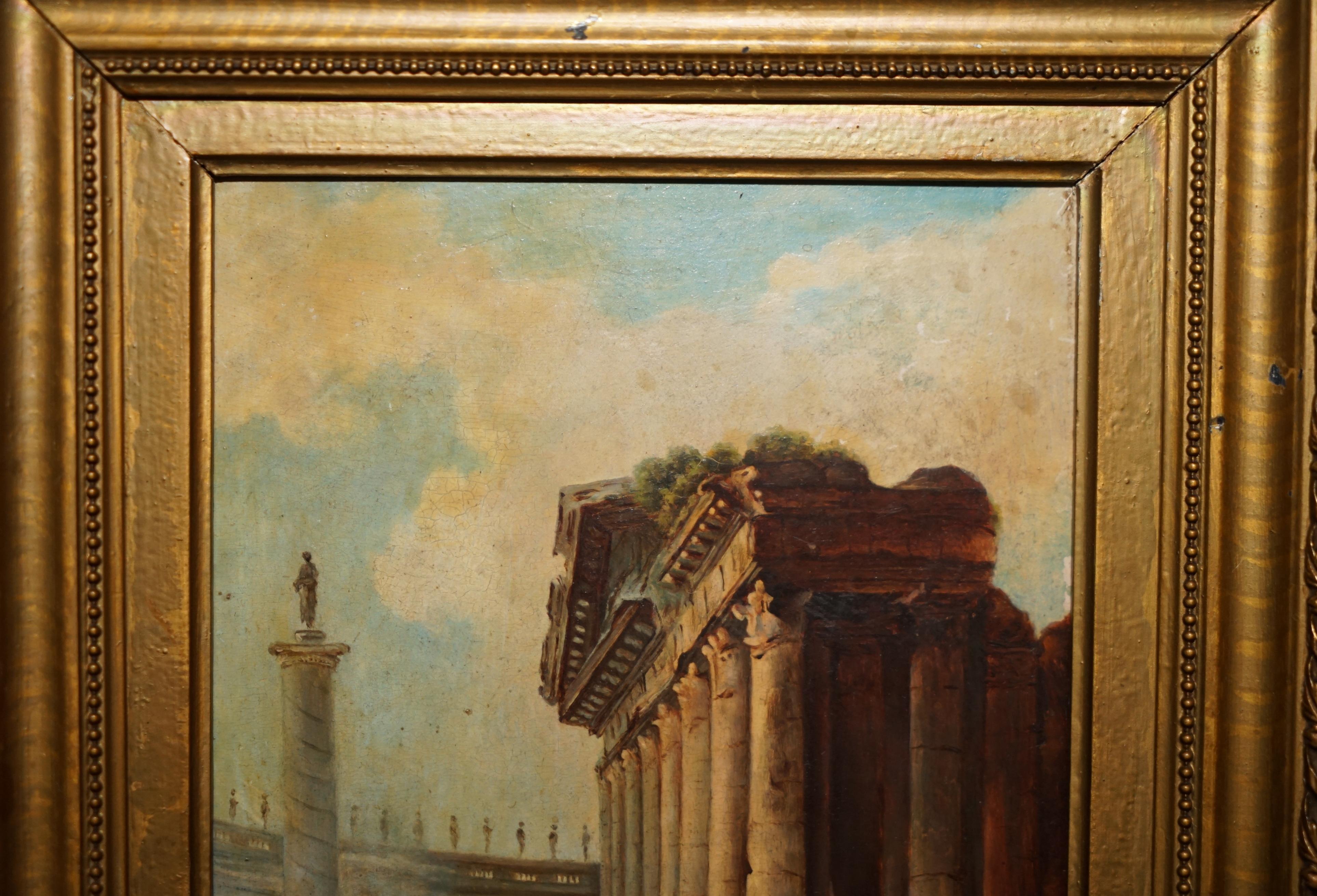 Grand Tour ANTIQUE GRAND TOUR MARCUS AURELIUS STATUE CORINTHIAN PiLLAR ROMAN OIL PAINTING in vendita