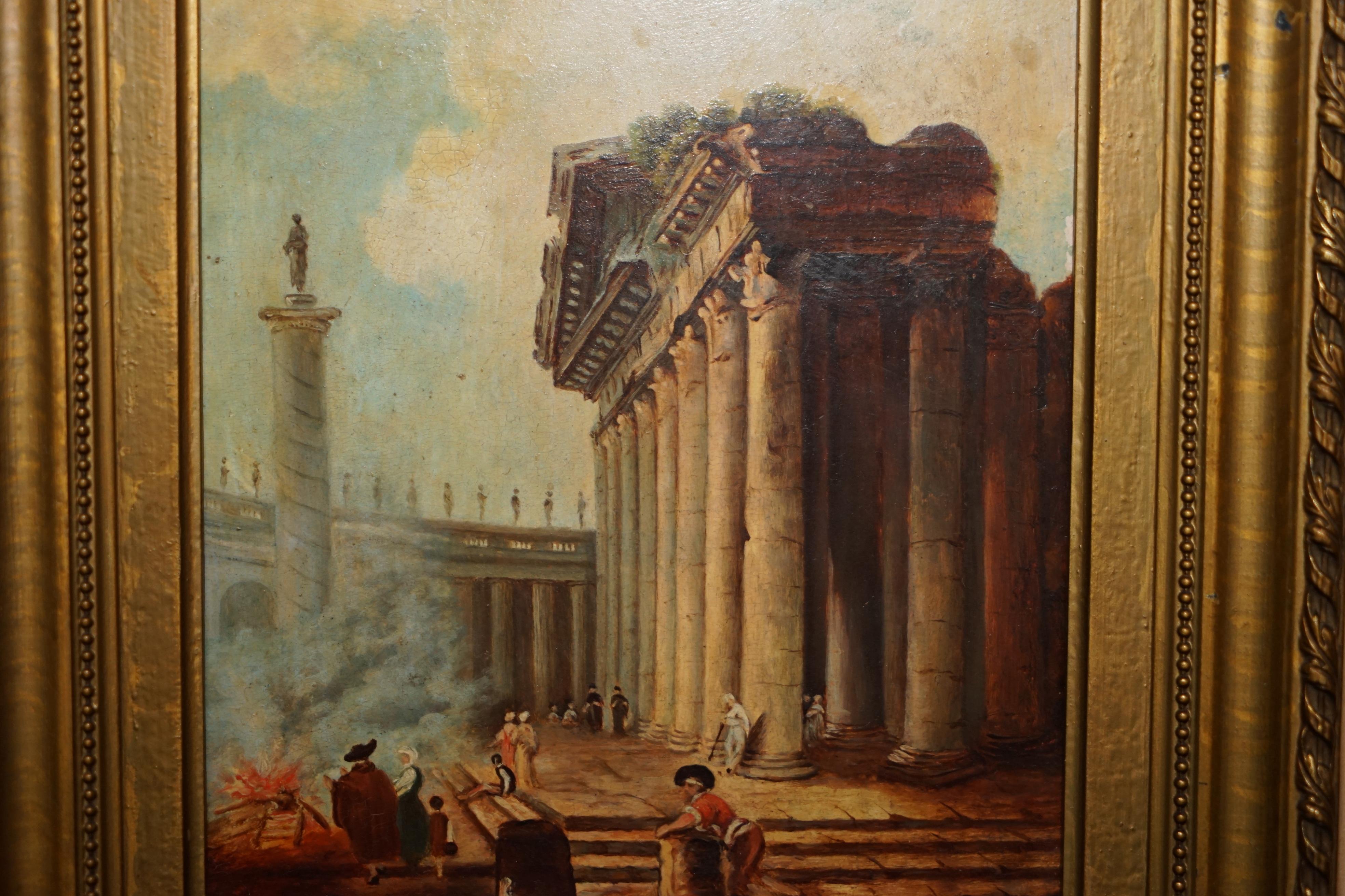 Italiano ANTIQUE GRAND TOUR MARCUS AURELIUS STATUE CORINTHIAN PiLLAR ROMAN OIL PAINTING in vendita