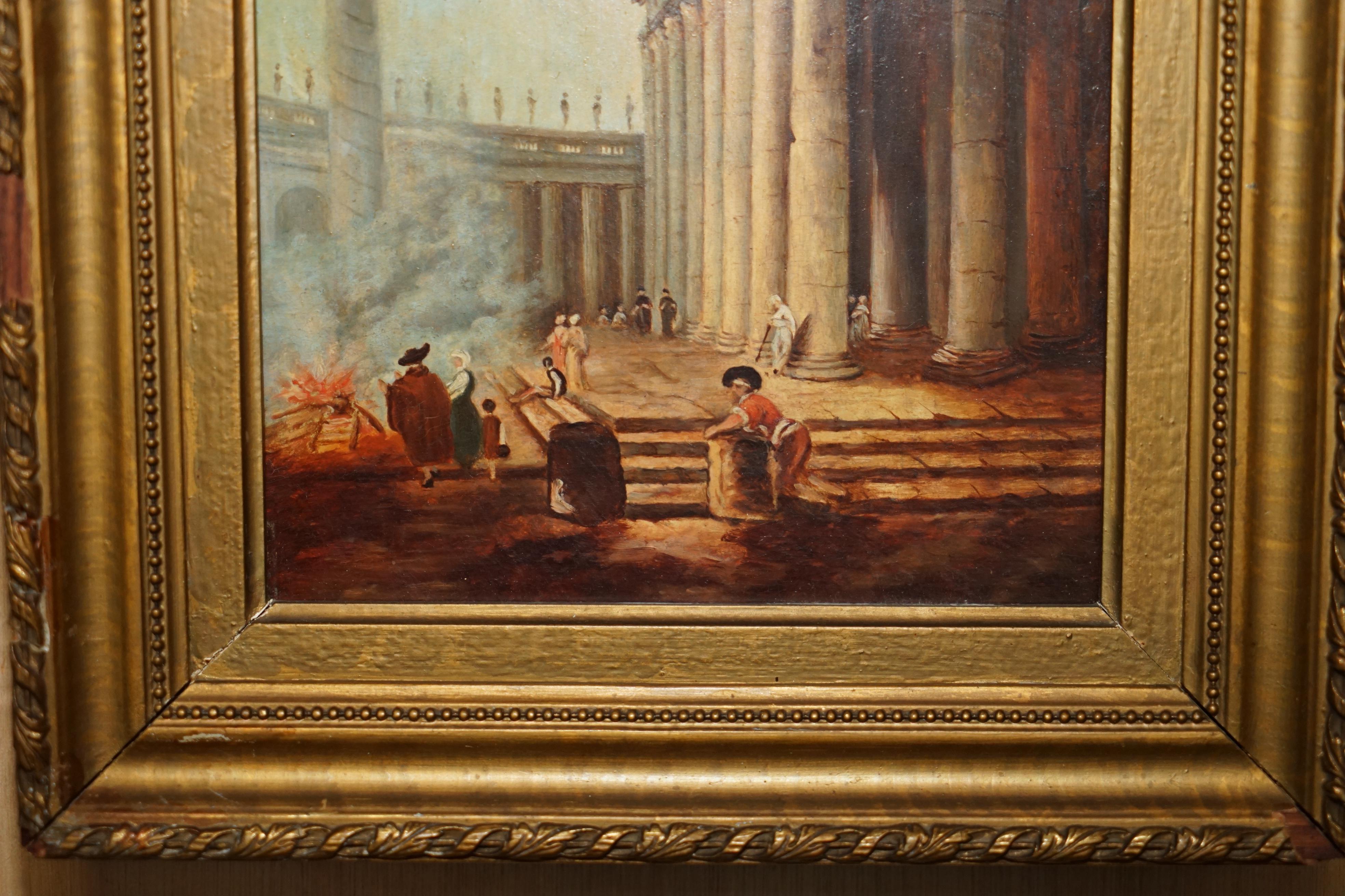 Dipinto a mano ANTIQUE GRAND TOUR MARCUS AURELIUS STATUE CORINTHIAN PiLLAR ROMAN OIL PAINTING in vendita