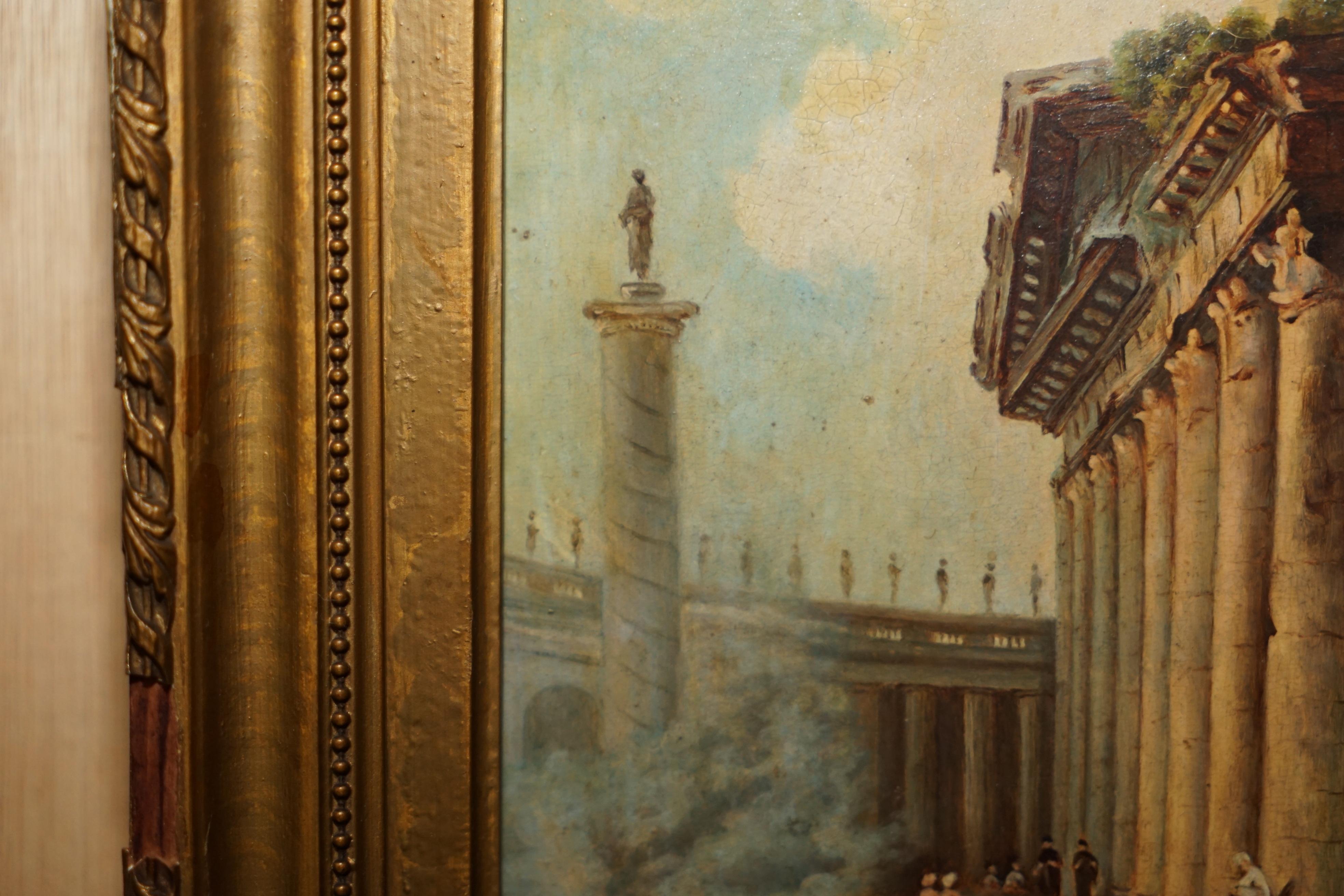 Metà XIX secolo ANTIQUE GRAND TOUR MARCUS AURELIUS STATUE CORINTHIAN PiLLAR ROMAN OIL PAINTING in vendita