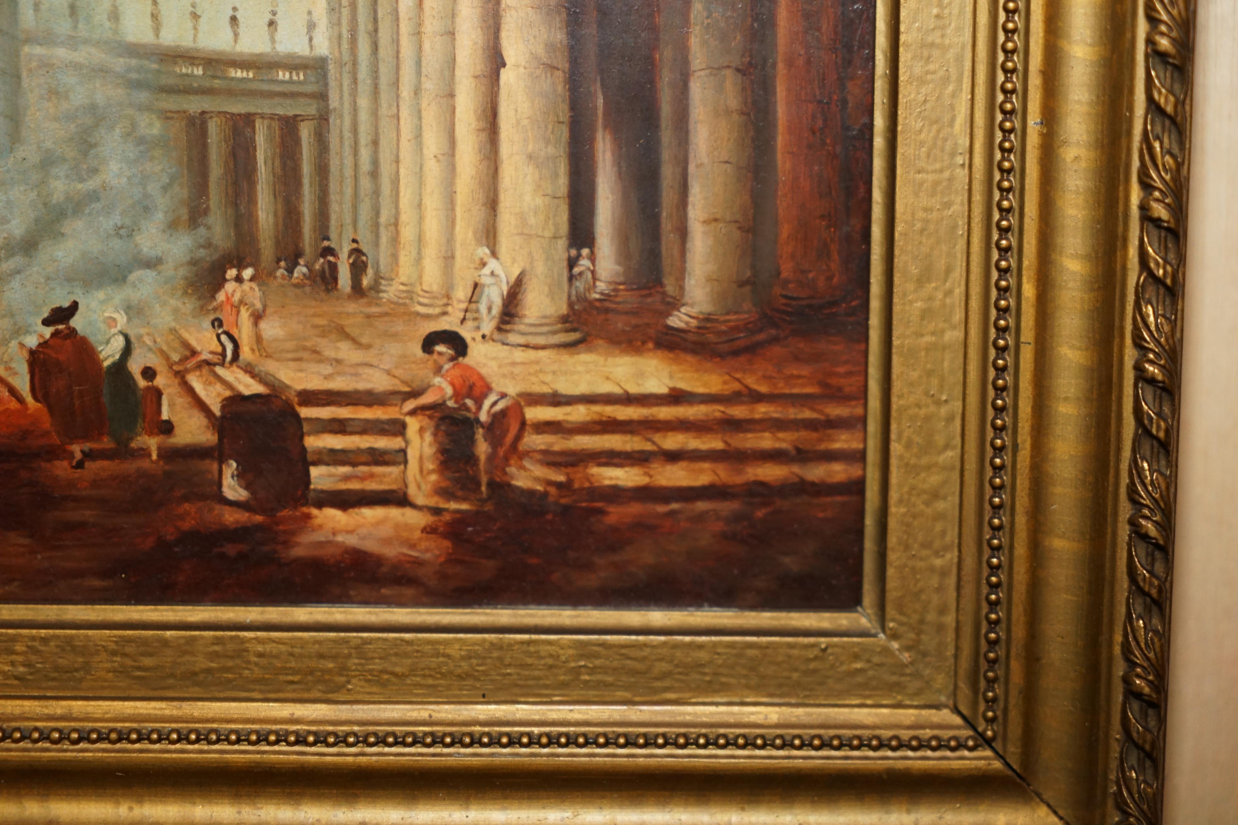 Legno ANTIQUE GRAND TOUR MARCUS AURELIUS STATUE CORINTHIAN PiLLAR ROMAN OIL PAINTING in vendita