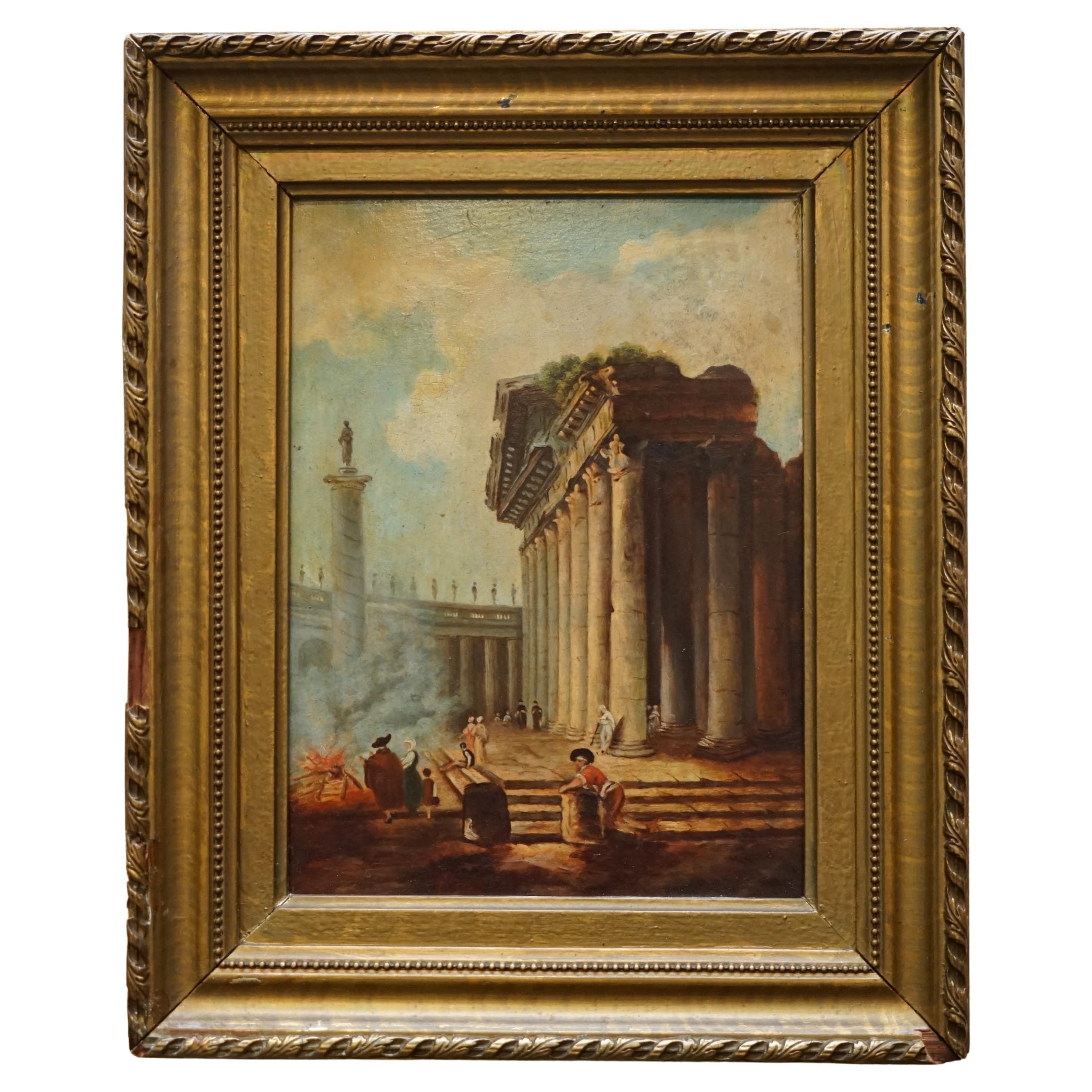 ANTIQUE GRAND TOUR MARCUS AURELIUS STATUE CORINTHIAN PiLLAR ROMAN OIL PAINTING in vendita