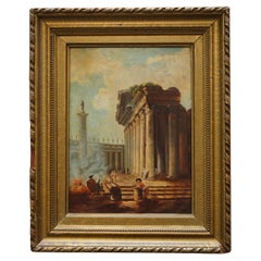 ANTIQUE GRAND TOUR MARCUS AURELIUS STATUE CORINTHIAN PiLLAR ROMAN OIL PAINTING