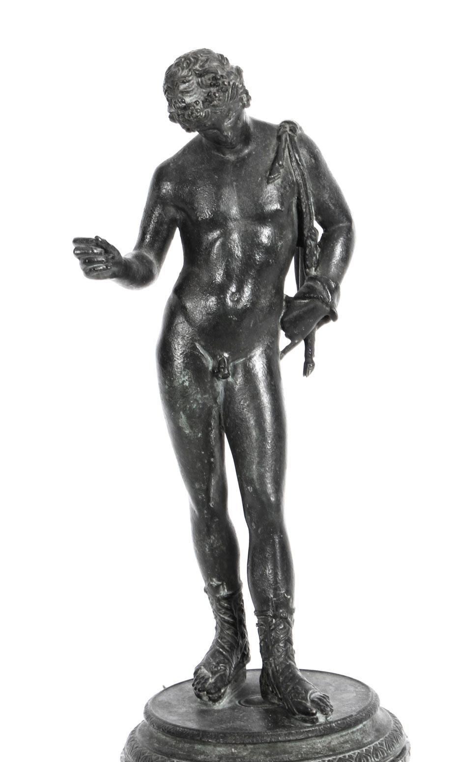 This is a superb antique Grand Tour patinated bronze figure of Narcissus, dating from the last quarter of the 19th Century.

Narcissus was a hunter in Greek mythology and he was distinguished for his beauty.
 
This stunning patinated bronze