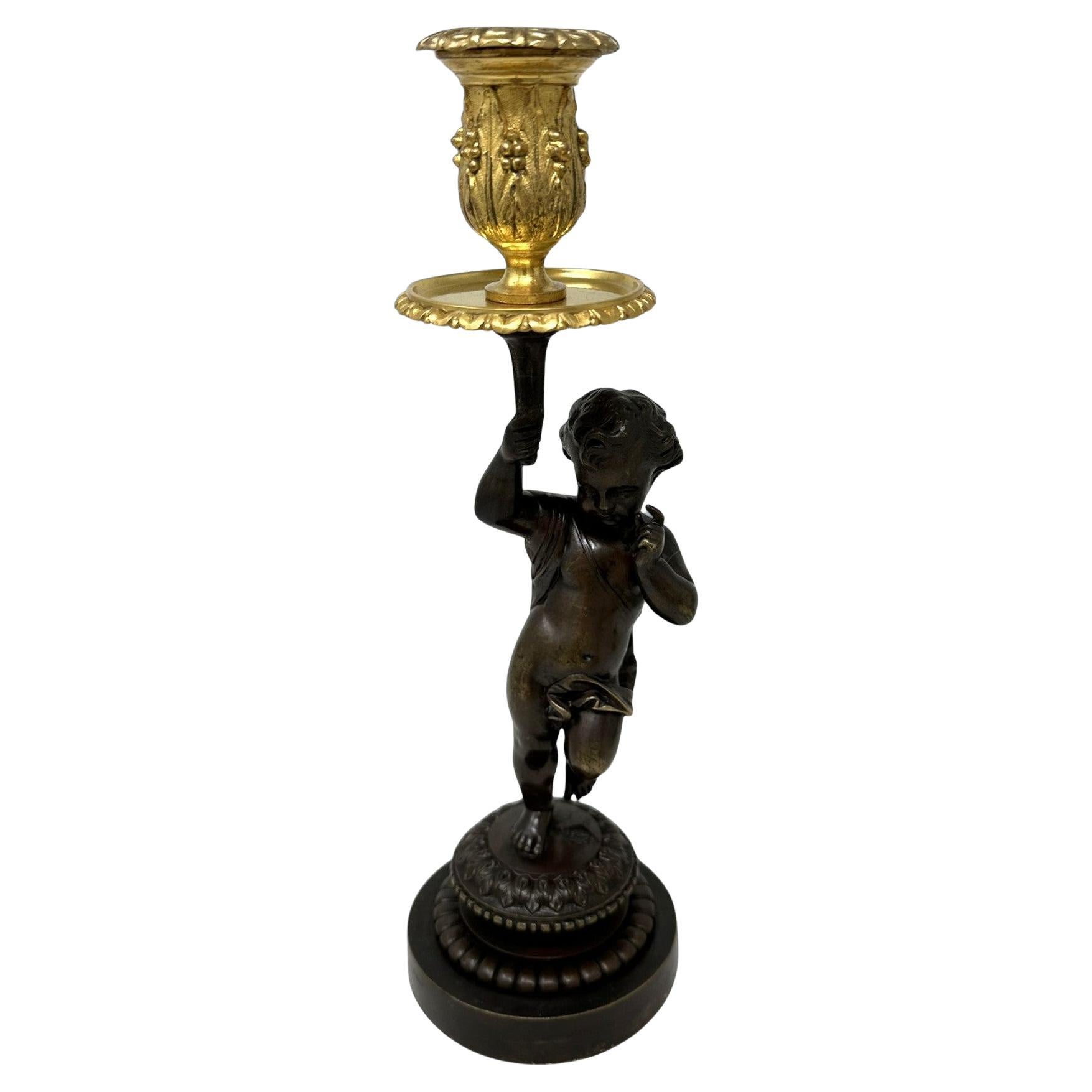 Antique Grand Tour Style French Ormolu Bronze Dore Cherub Putti Candlestick 19Ct
