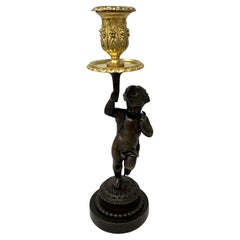 Antique Grand Tour Style French Ormolu Bronze Dore Cherub Putti Candlestick 19Ct