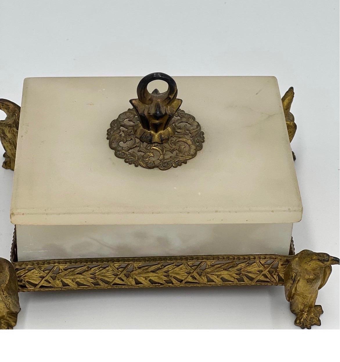 19th Century Antique Grand Tour Style Marble & Gilded Brass Humidor Bamboo & Eagle Motif For Sale