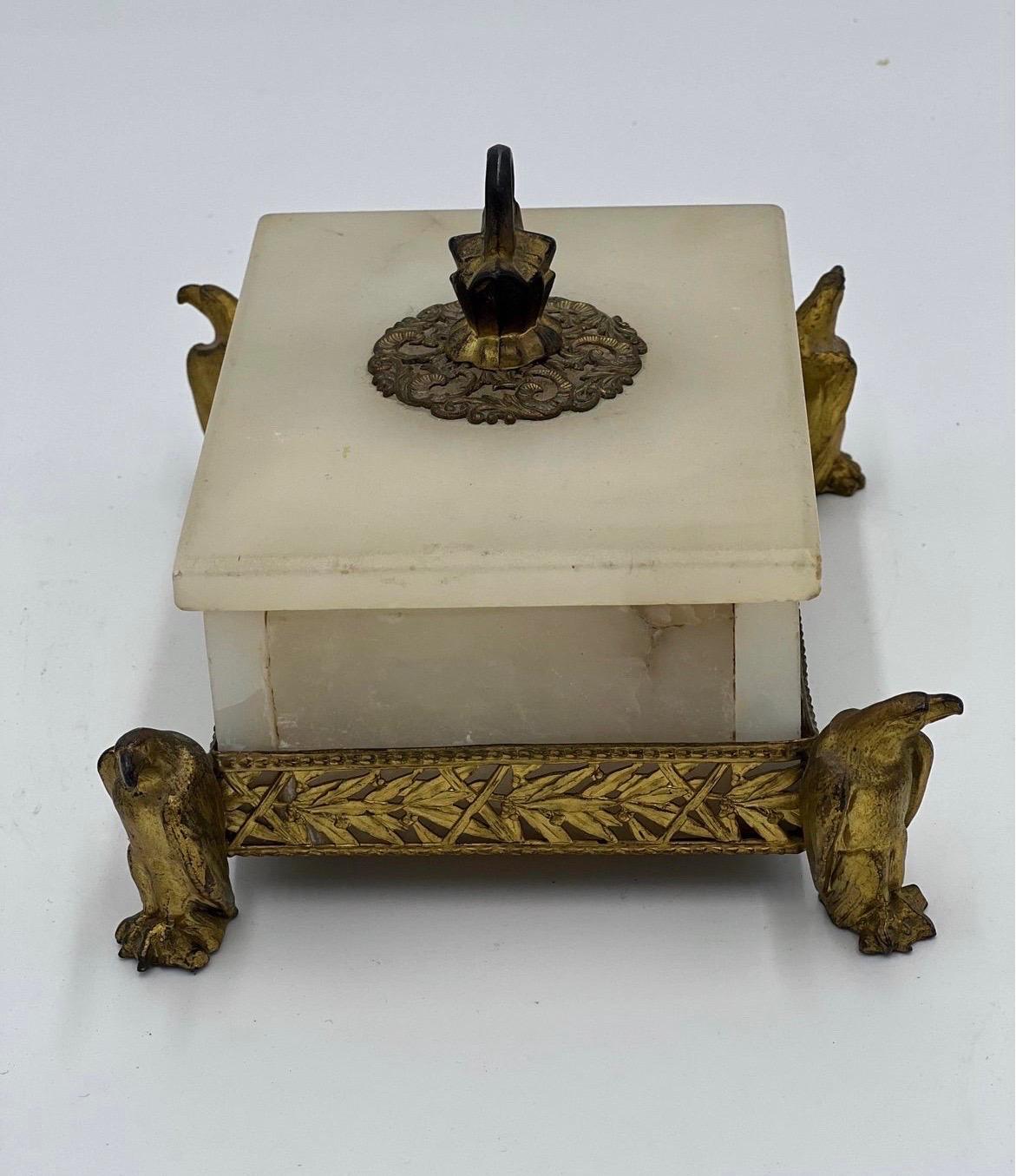 Bronze Antique Grand Tour Style Marble & Gilded Brass Humidor Bamboo & Eagle Motif For Sale
