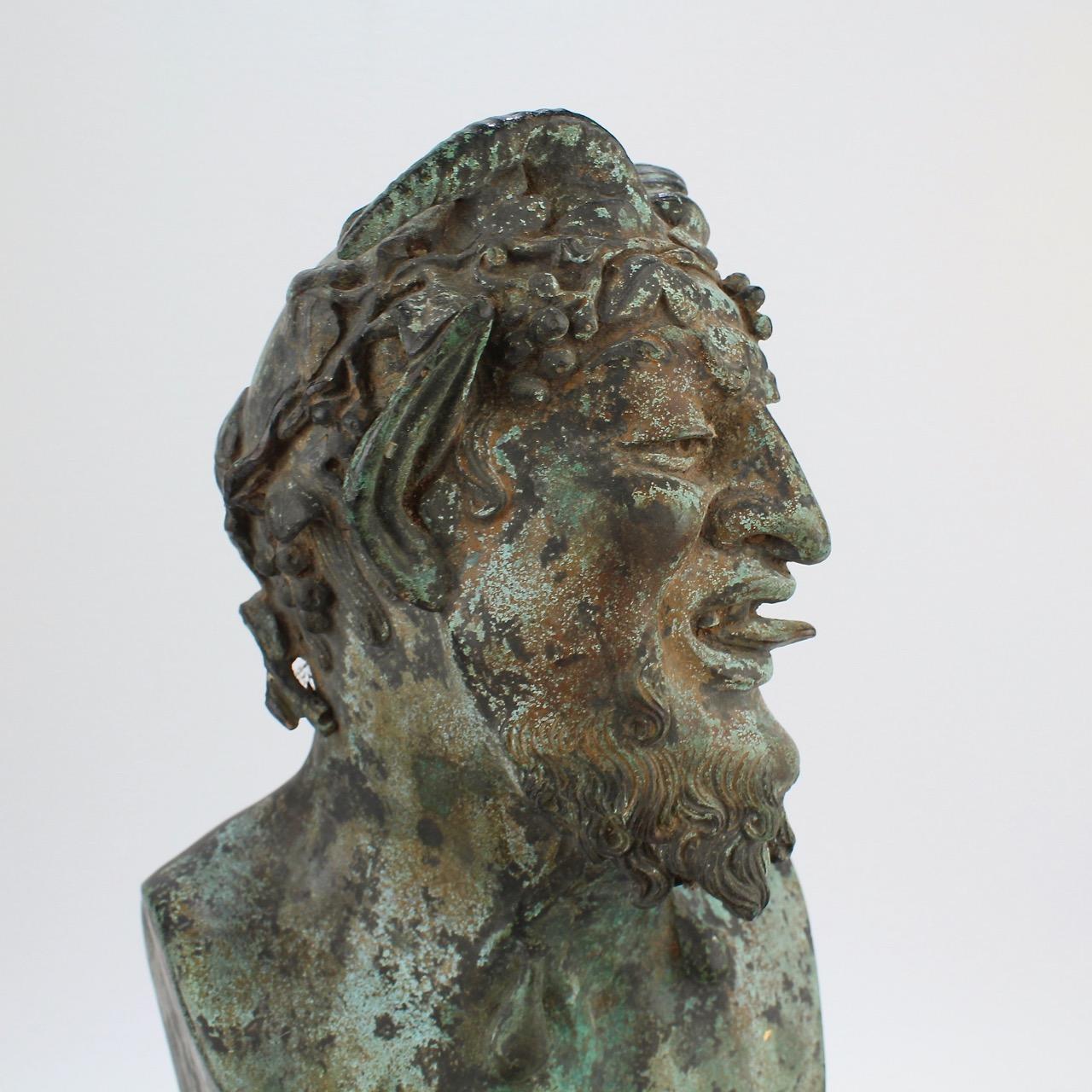 Antique Grand Tour Verdigris Bronze Herm Sculpture of Bacchus or a Faun 3