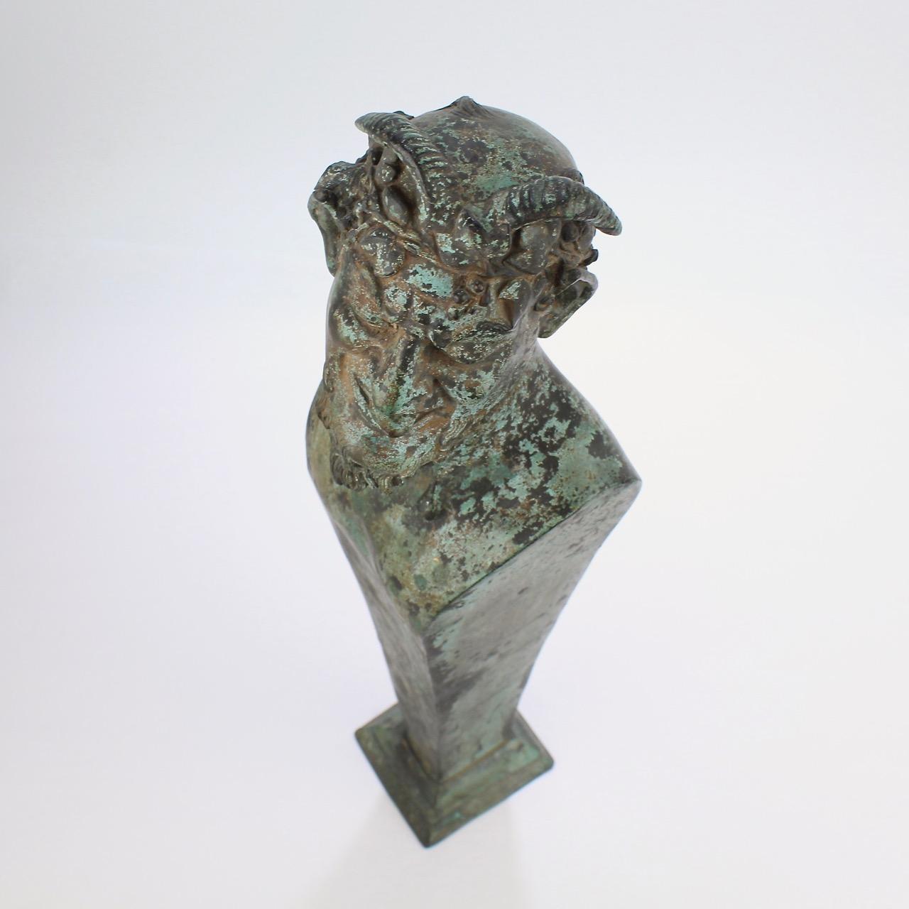 Antique Grand Tour Verdigris Bronze Herm Sculpture of Bacchus or a Faun 5