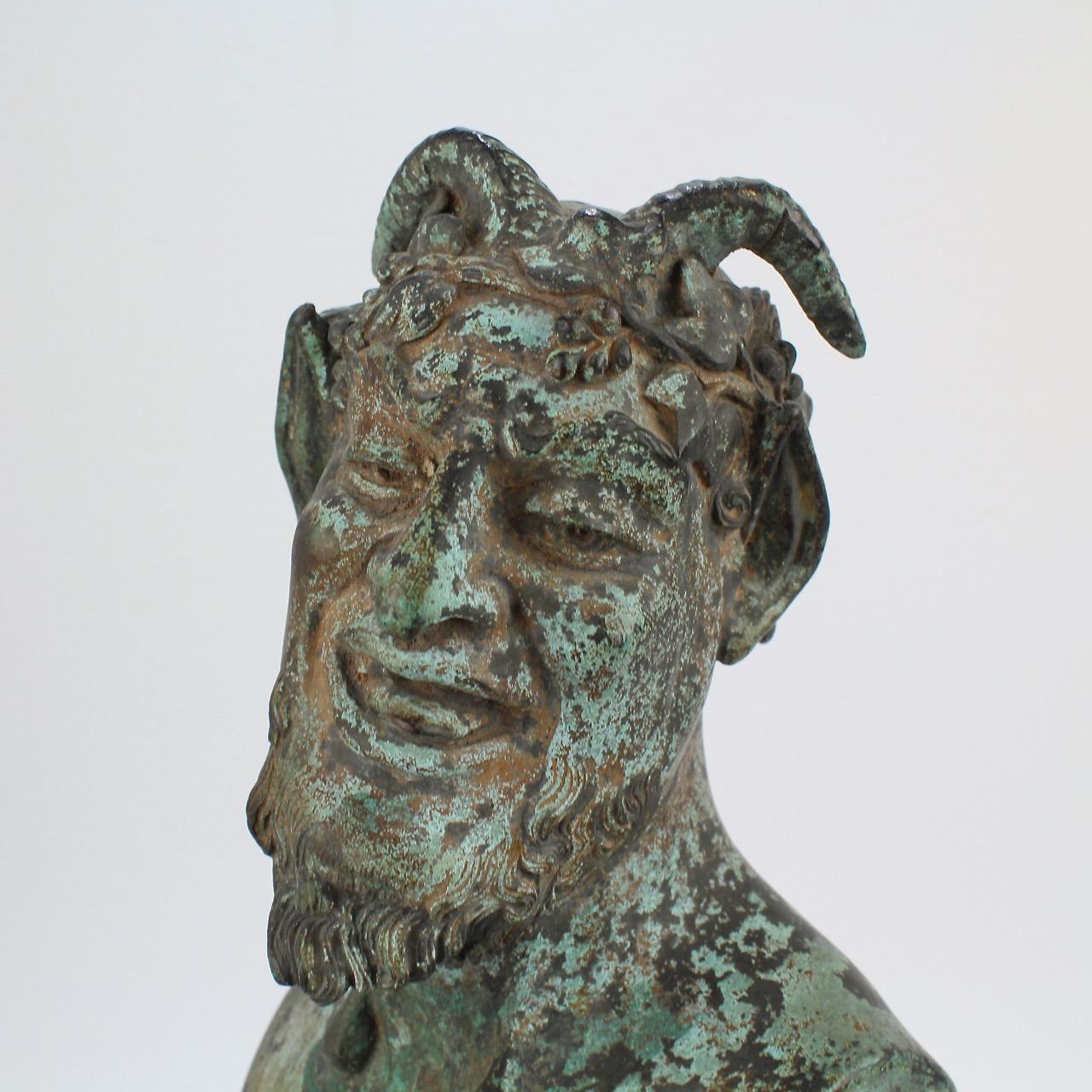 Antique Grand Tour Verdigris Bronze Herm Sculpture of Bacchus or a Faun 6