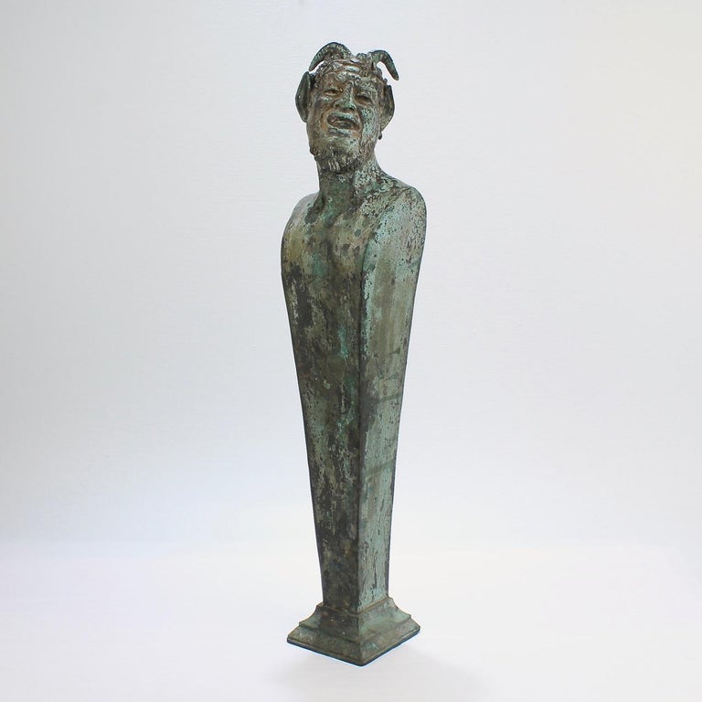 Antique Grand Tour Verdigris Bronze Herm Sculpture of Bacchus or a Faun