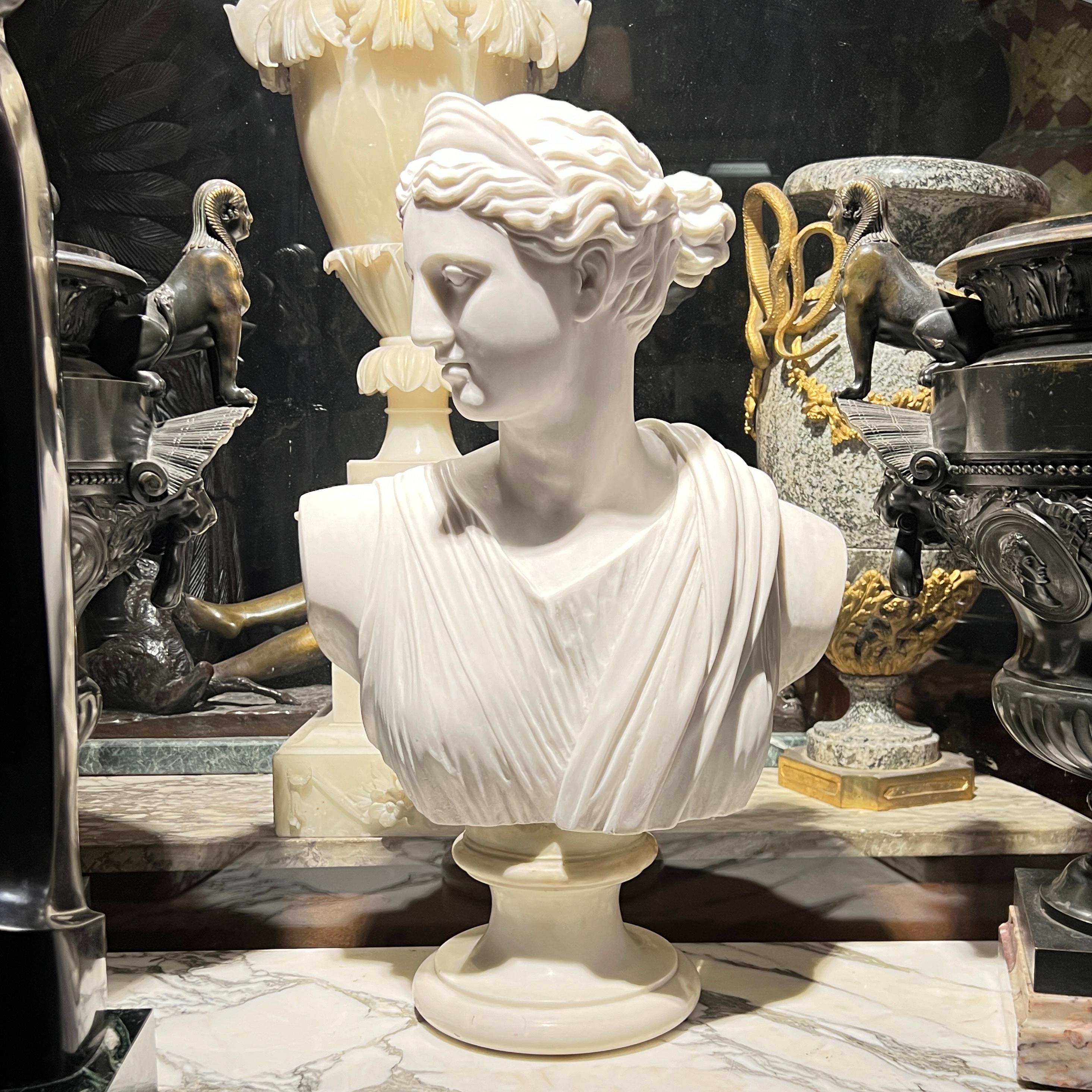 Exceptional Grand Tour Carrera marble bust of the Roman goddess, Diana the Huntress, also known as Artemis in Greek mythology.  24 1/2 inches tall and in very good condition.  Apparently unsigned.