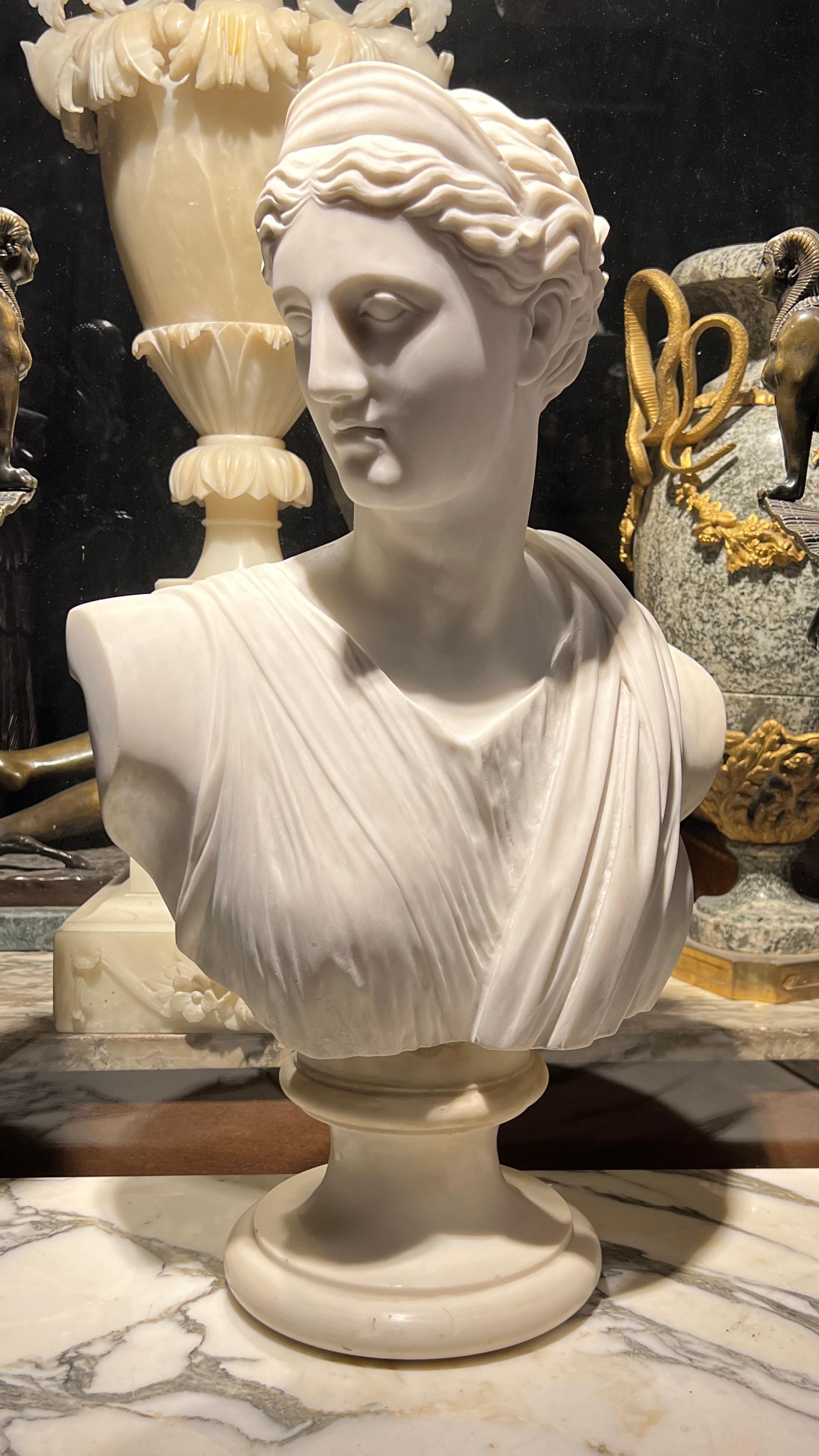 Italian Antique grand tour  White Marble Bust of Diana the Huntress