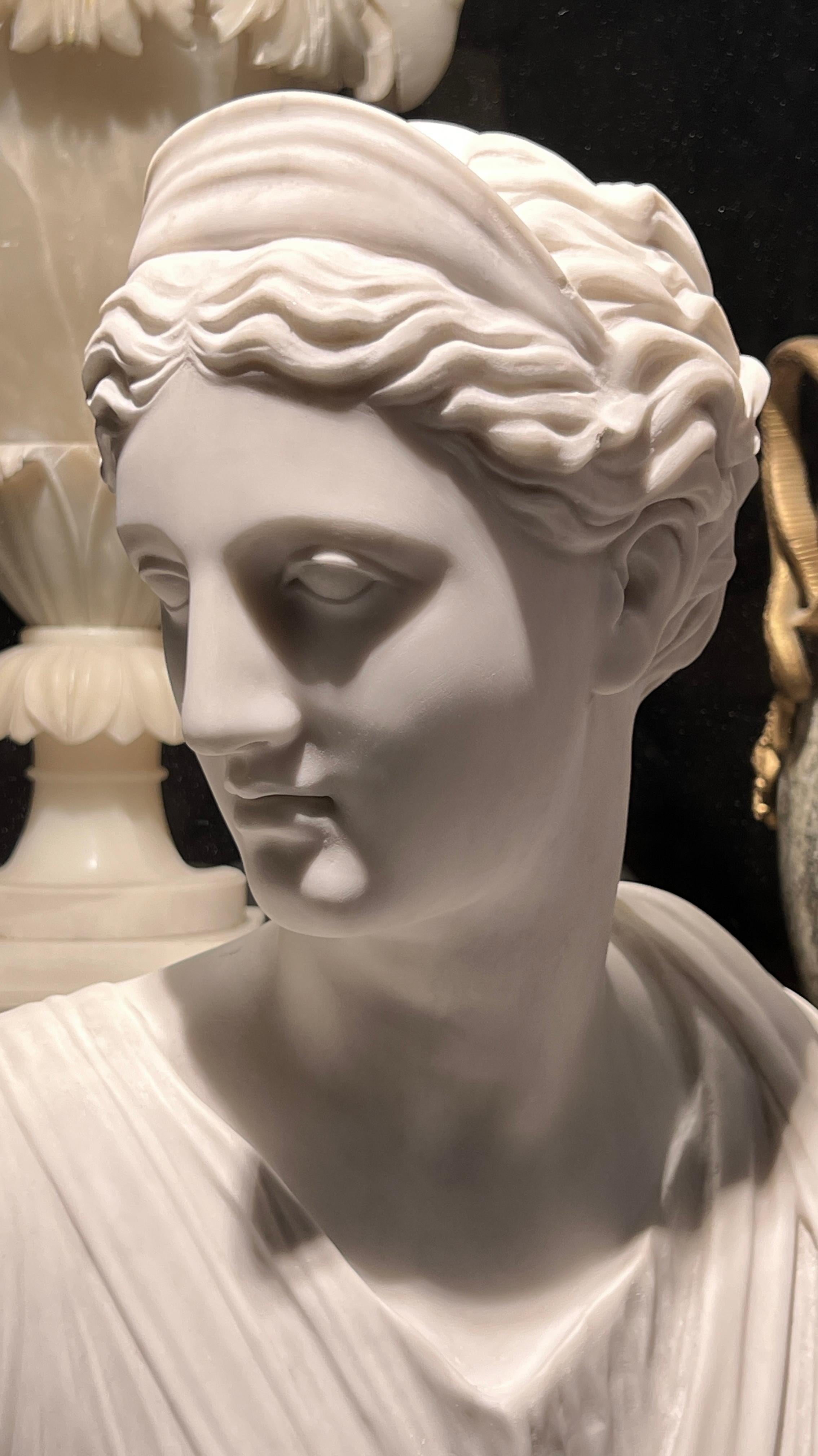 Hand-Carved Antique grand tour  White Marble Bust of Diana the Huntress