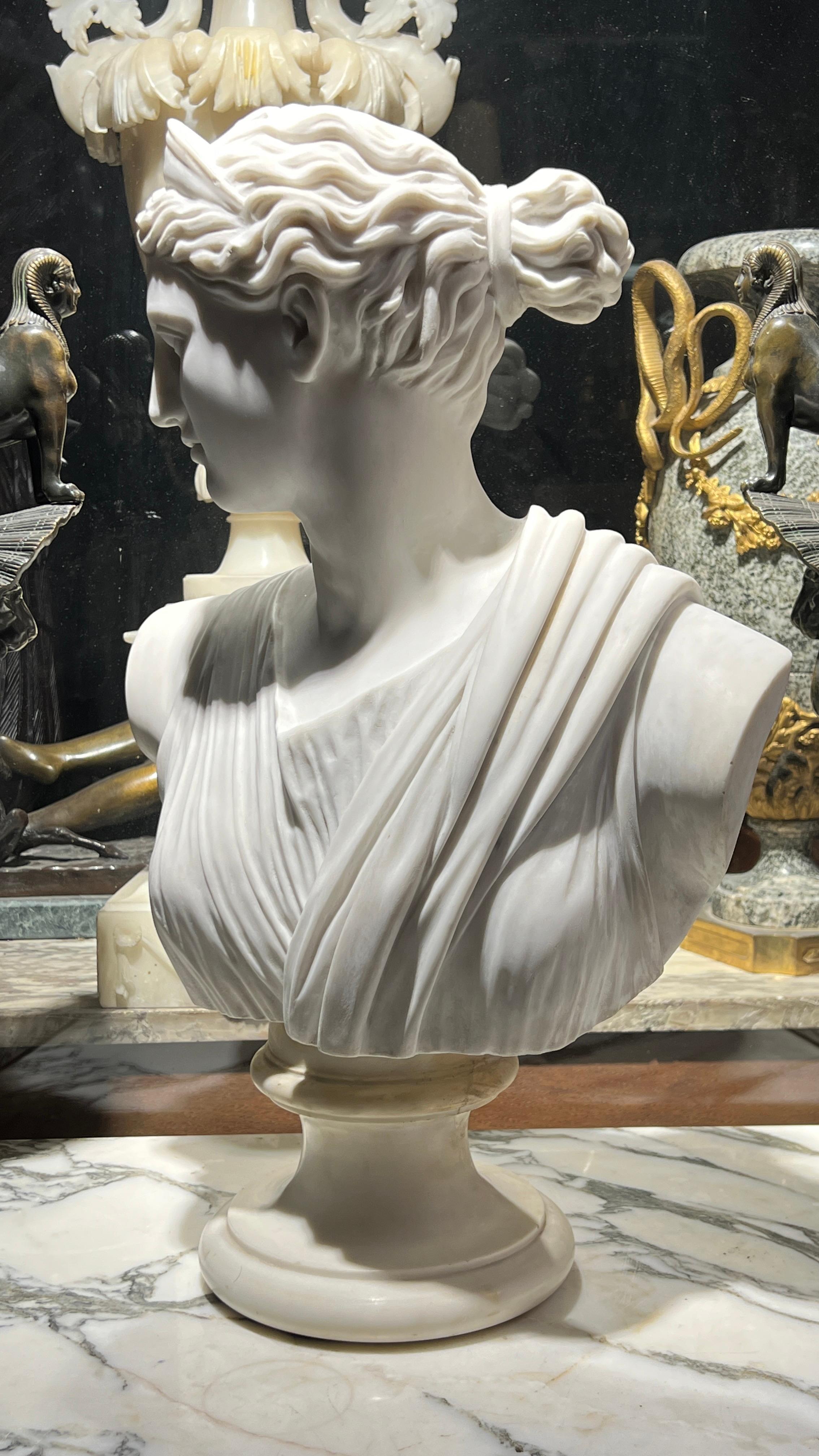 Antique grand tour  White Marble Bust of Diana the Huntress In Good Condition In New York, NY