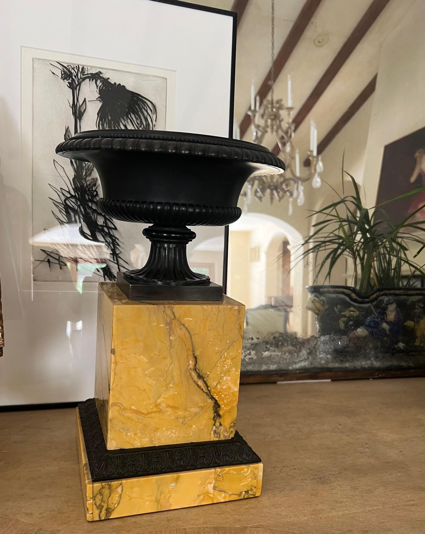 Antique vibrant yellow Sienna marble Grand Tour tazza. Includes a bronze cup, the base is a layer of yellow marble applied to a concrete base.