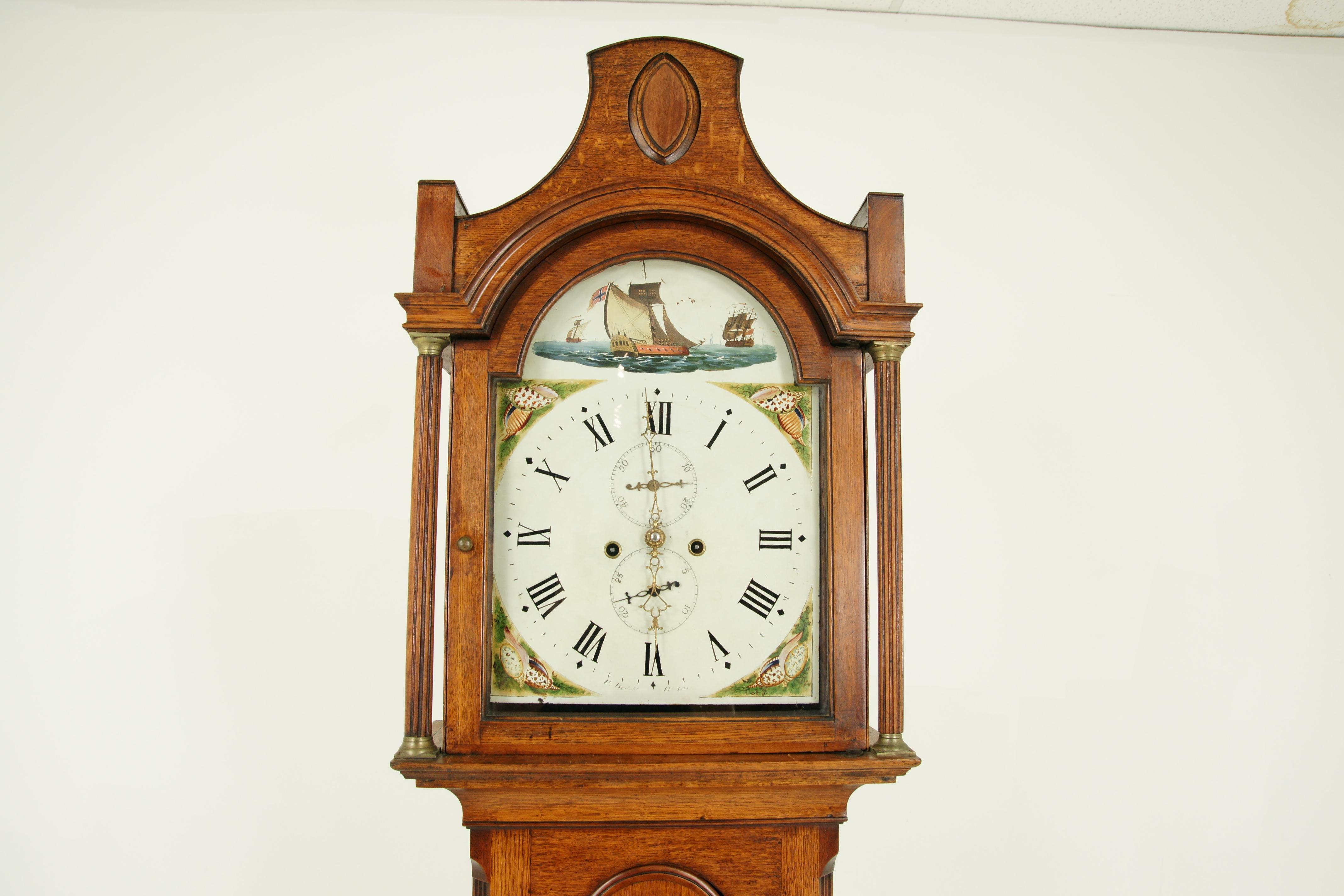 Antique grandfather clock, long case clock, oak and walnut, England 1870, antique furniture, B1536

England, 1870
Solid oak construction
All original
Pagoda Style top
Reeded Pillars to the hood
Lovely decorative arched painting of sailing