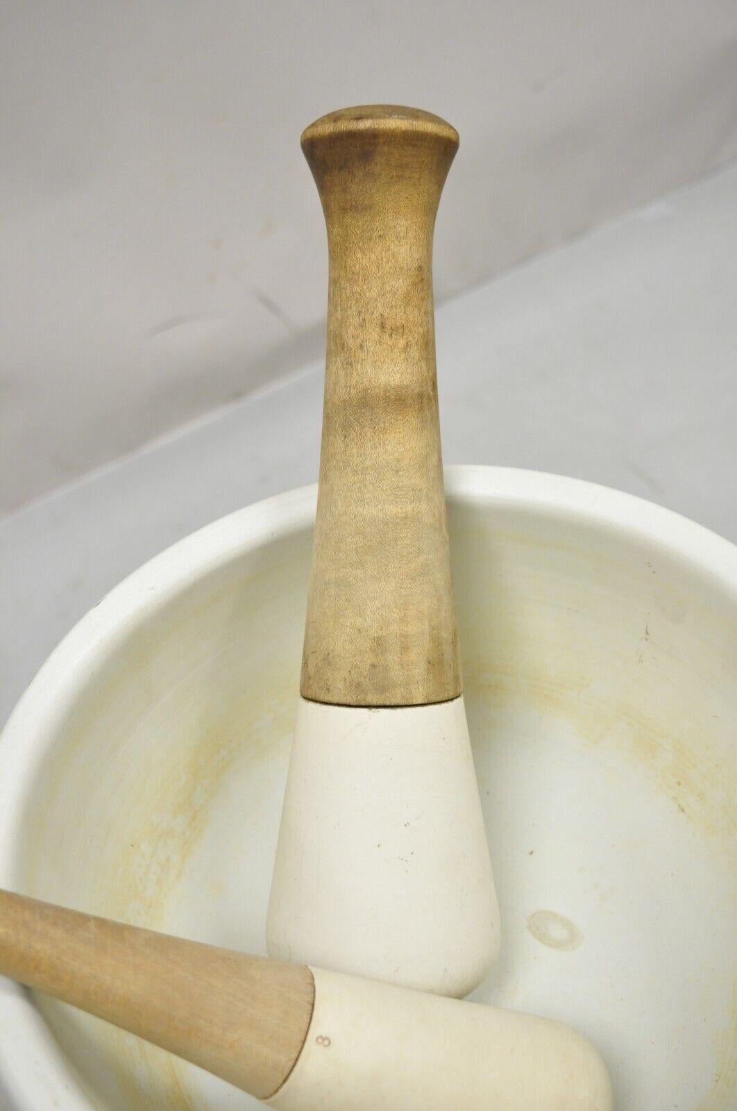 Antique Granite Marble Wood Mortar & Pestle Bowl Apothecary Thomas Maddock Sons In Good Condition In Philadelphia, PA