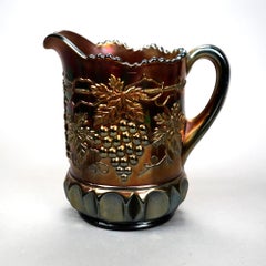 Antique Grape & Cable Amethyst Carnival Glass Water Pitcher & Six Tumblers c1930