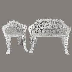 Antique Grape & Leaf White Painted Cast Iron Garden Set, Settee & Chair, c1900