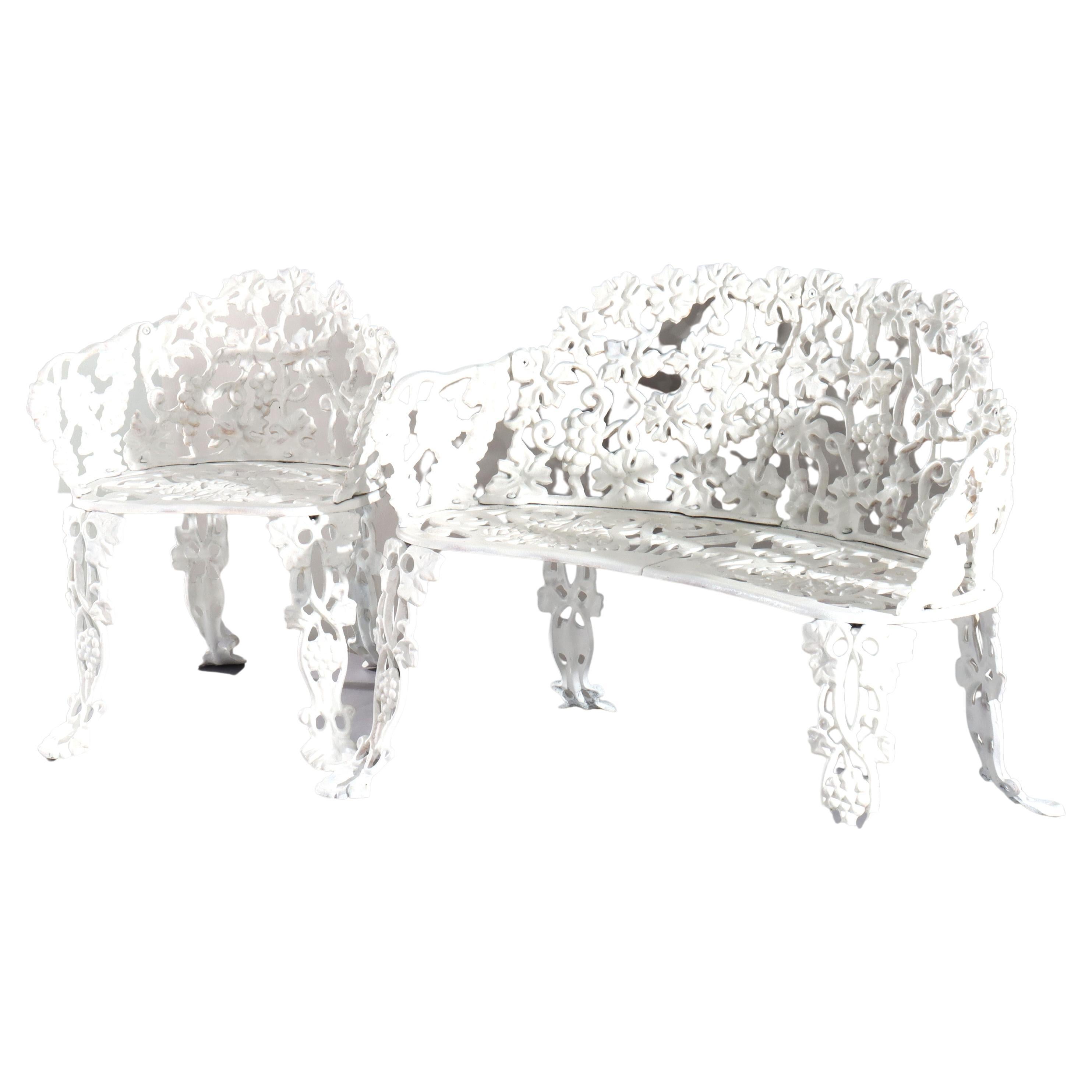 Antique Grape & Leaf White Painted Cast Iron Garden Set, Settee & Chair, c1900