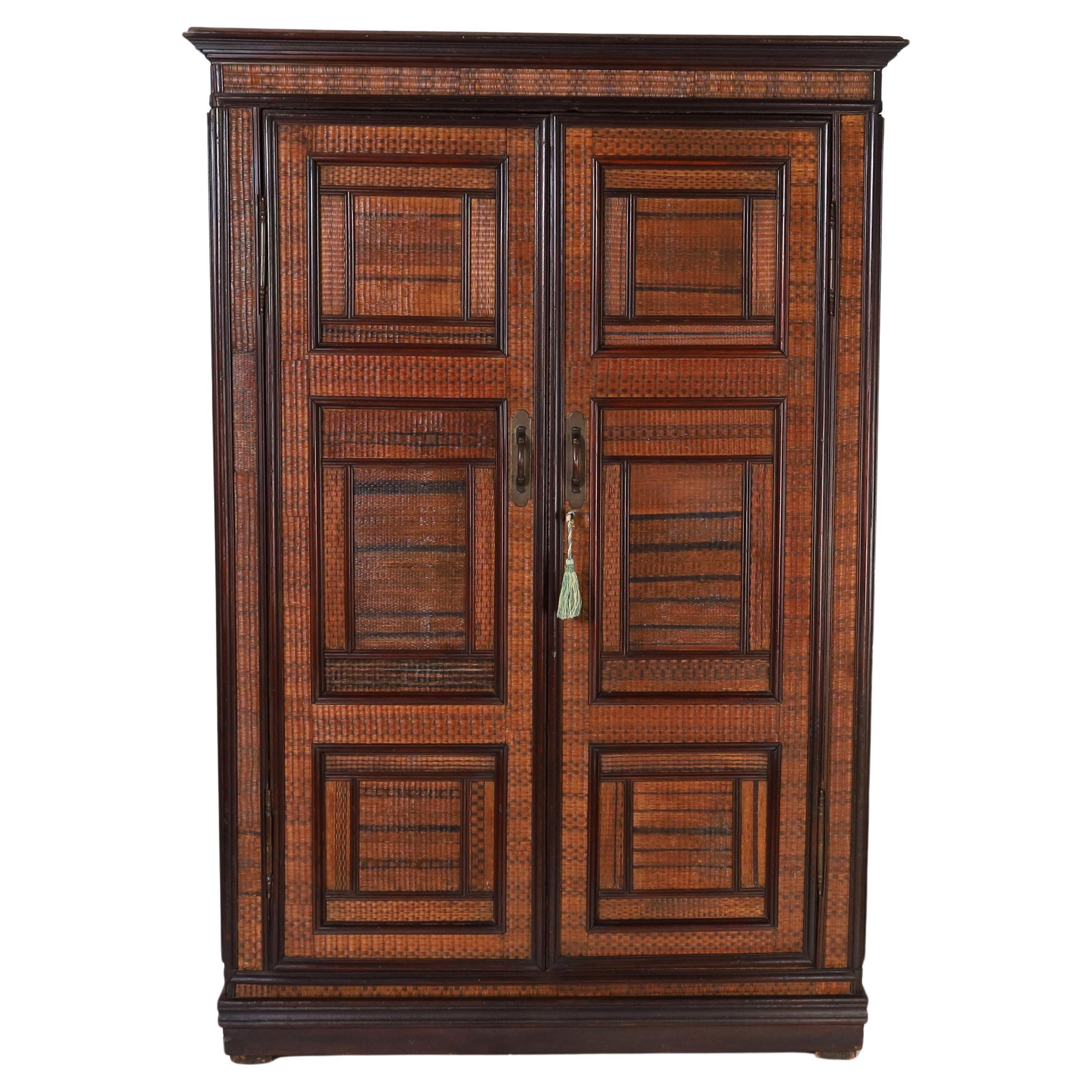 Antique Grasscloth Cabinet or Armoire For Sale