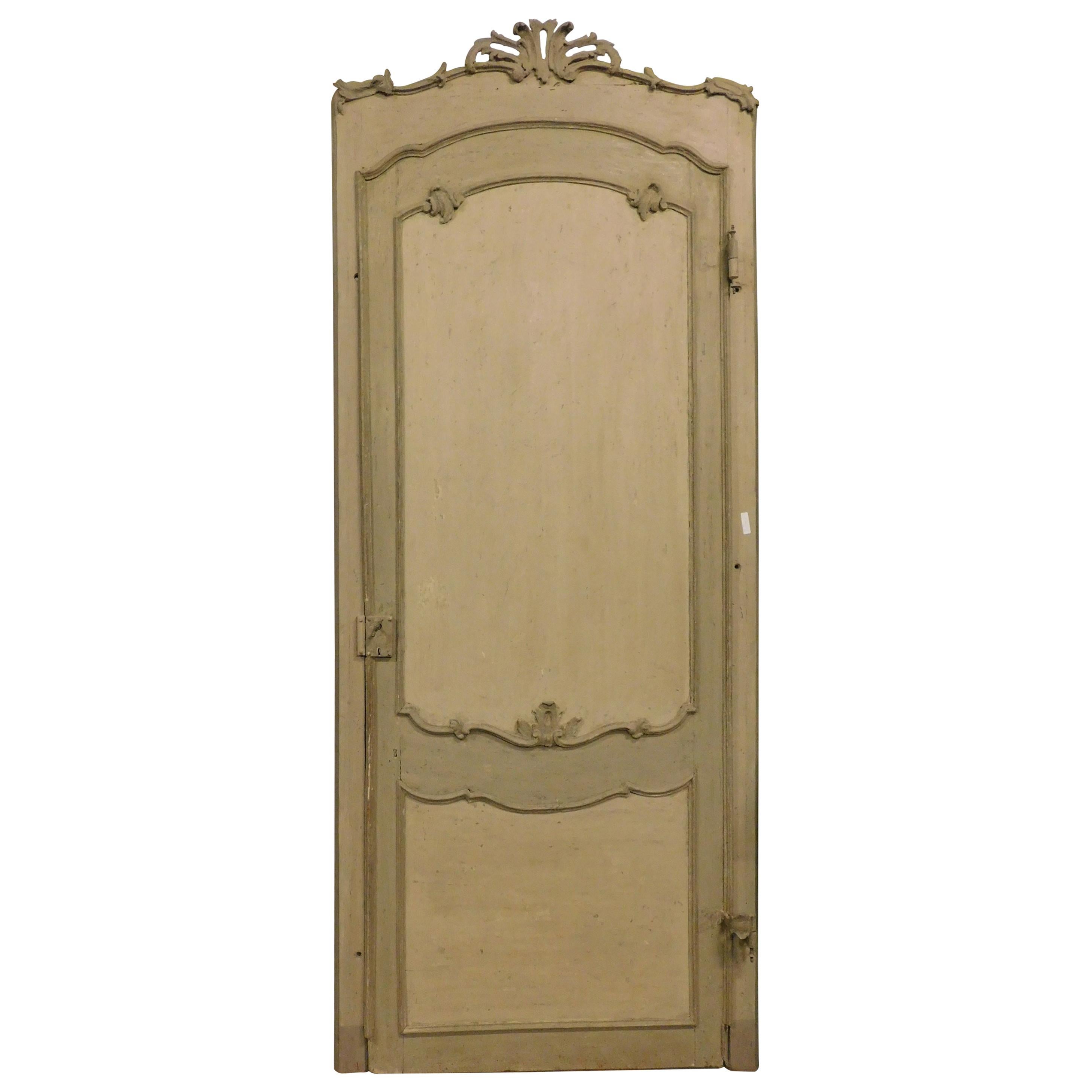 Antique Gray Arched and Lacquered Door with Carved Shells, 18th Century, Italy For Sale