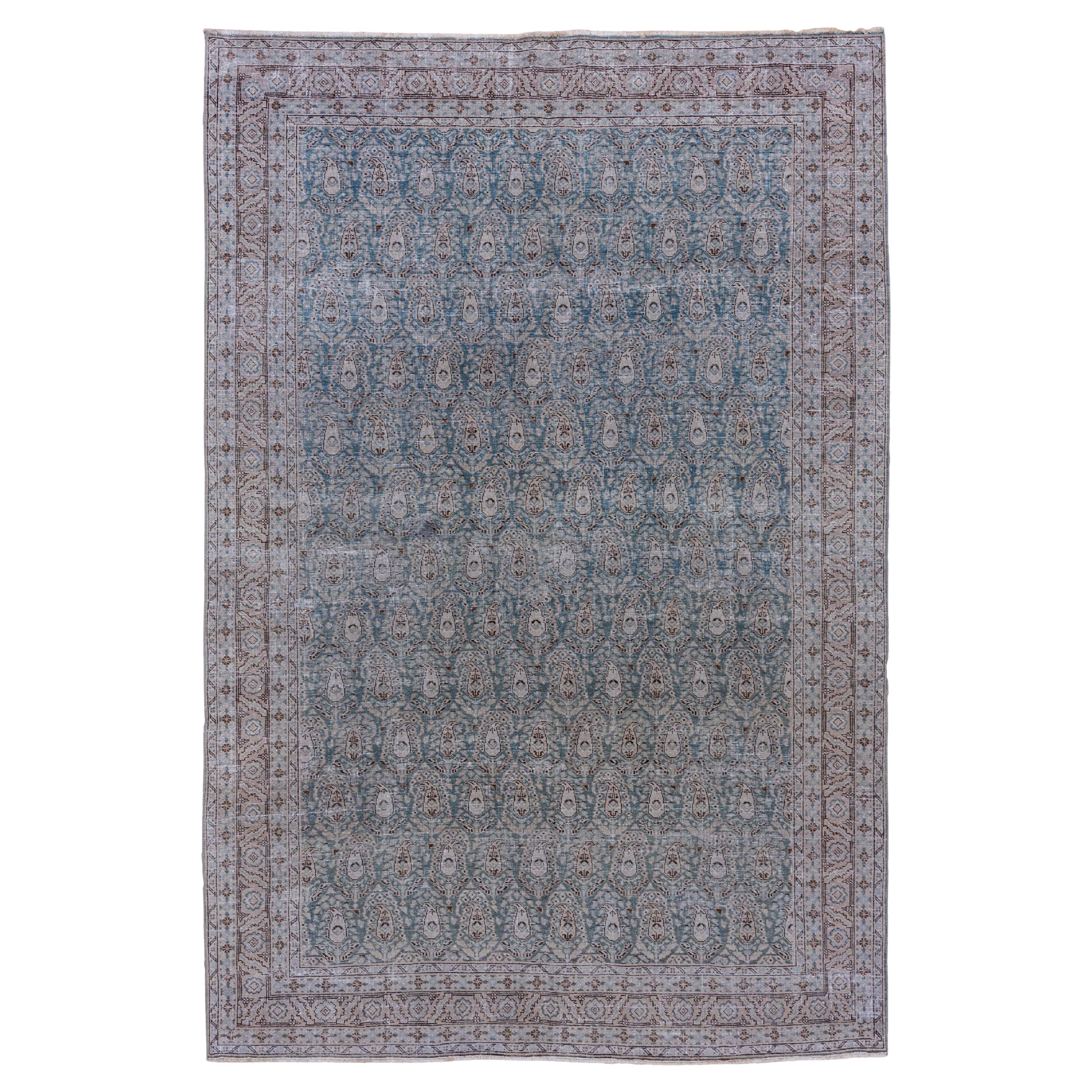 Antiker grauer & blauer persischer Tabriz-Teppich, Paisley Allover Feld