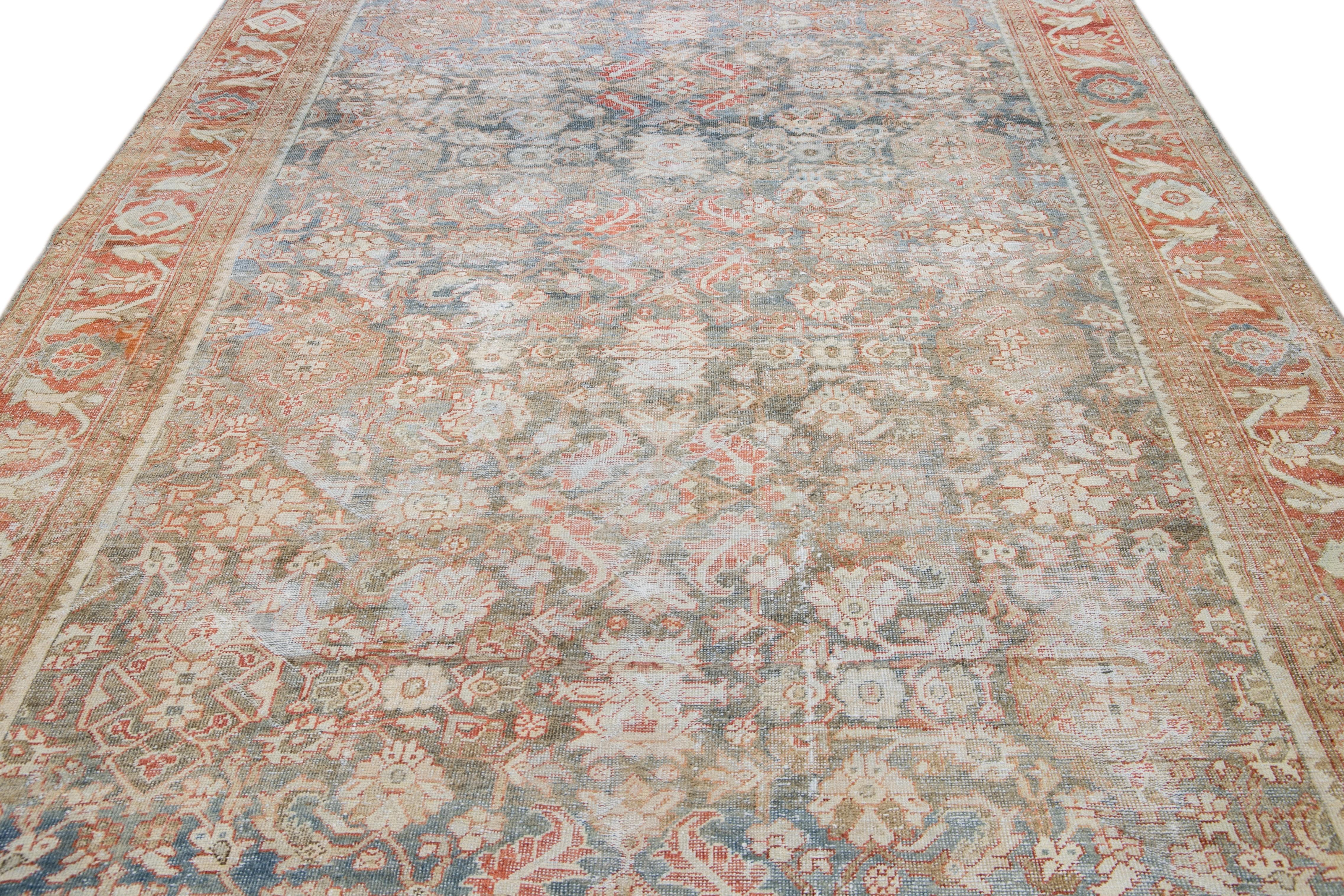 Islamic Antique Gray Mahal Handmade Floral Pattern Persian Wool Rug For Sale