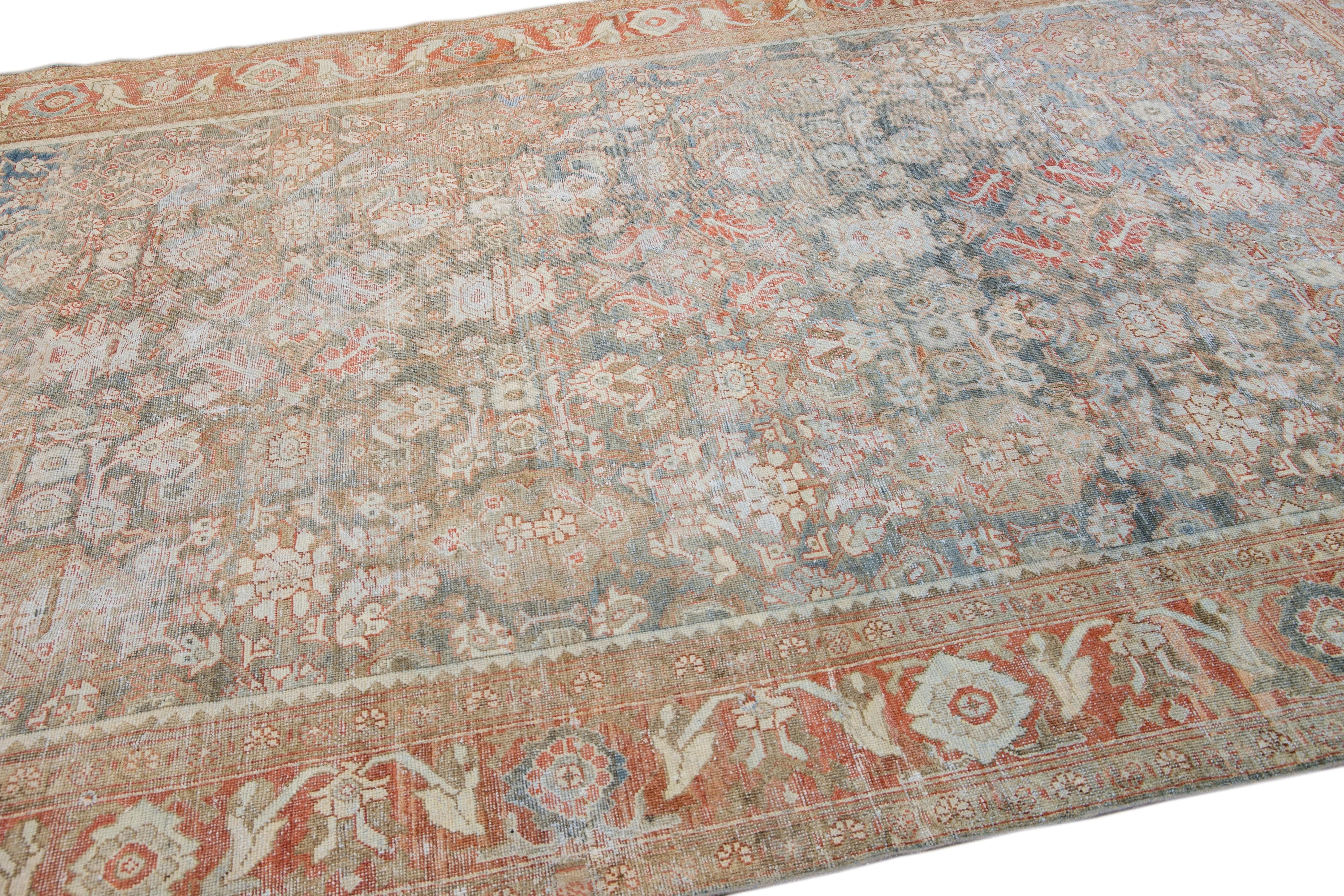 Noué à la main Ancien tapis Mahal gris en laine persane à motifs floraux fait à la main en vente