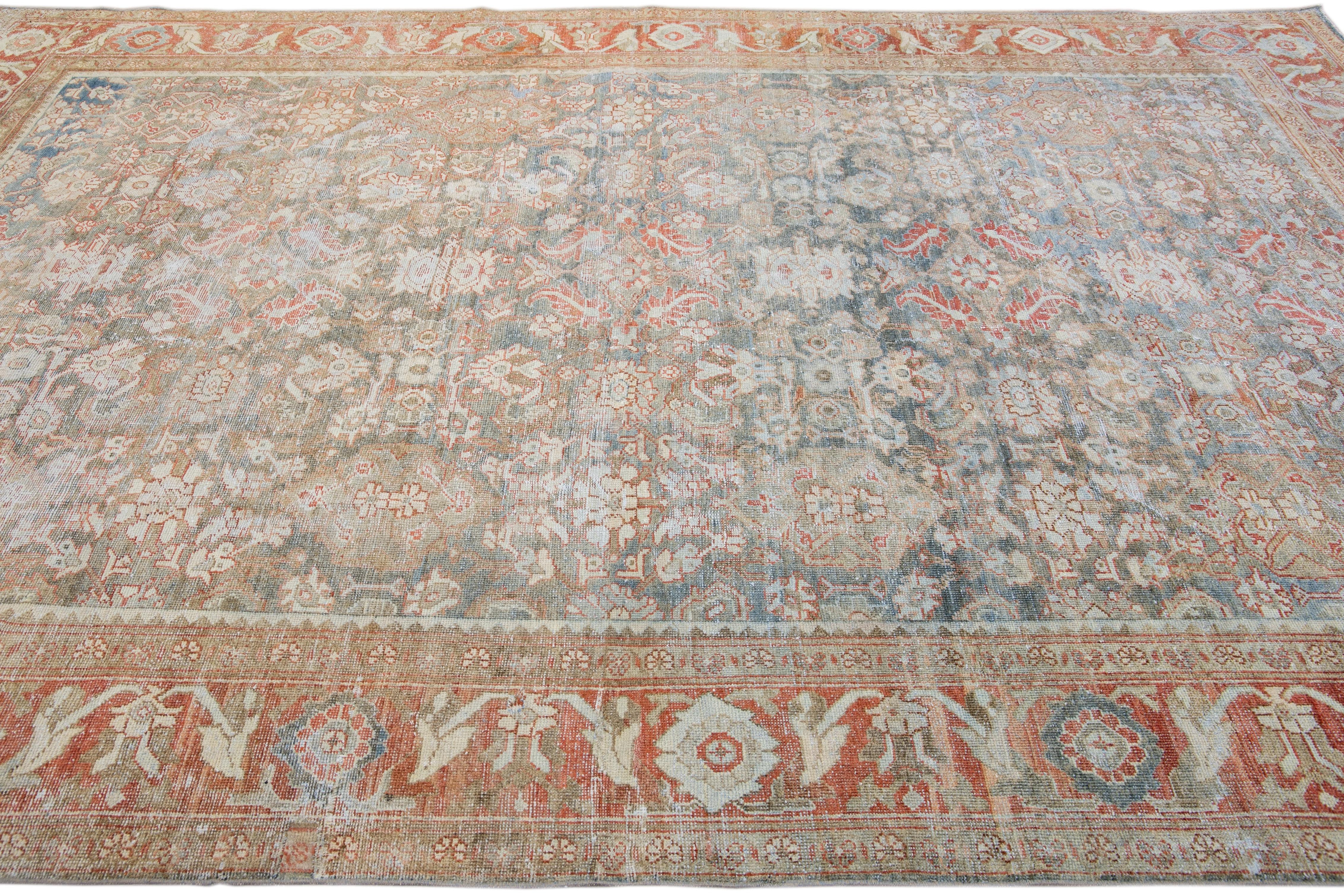 20th Century Antique Gray Mahal Handmade Floral Pattern Persian Wool Rug For Sale