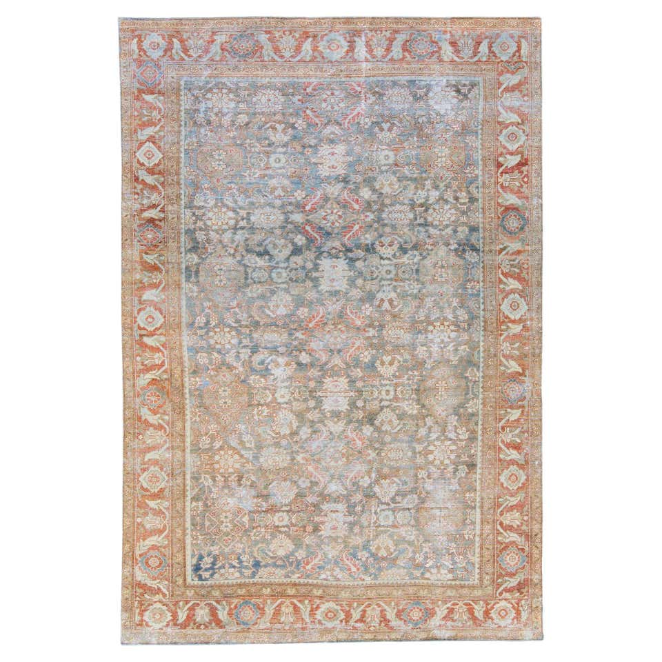 19th Century Antique Green Persian Mahal Handmade Floral Wool Rug For ...