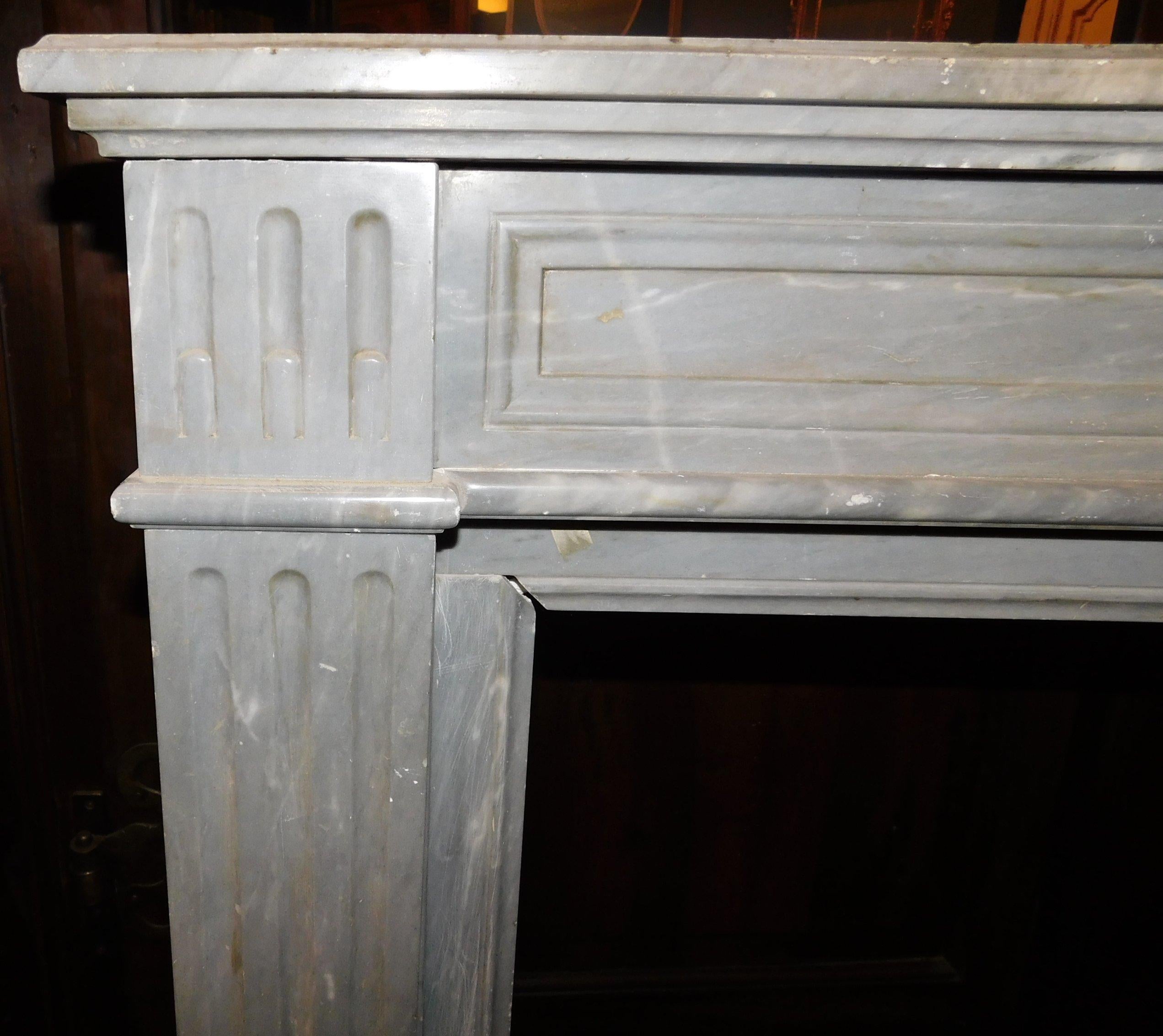Hand-Carved Antique Gray Marble Fireplace Mantle, Carved from the 18th Century Italy For Sale