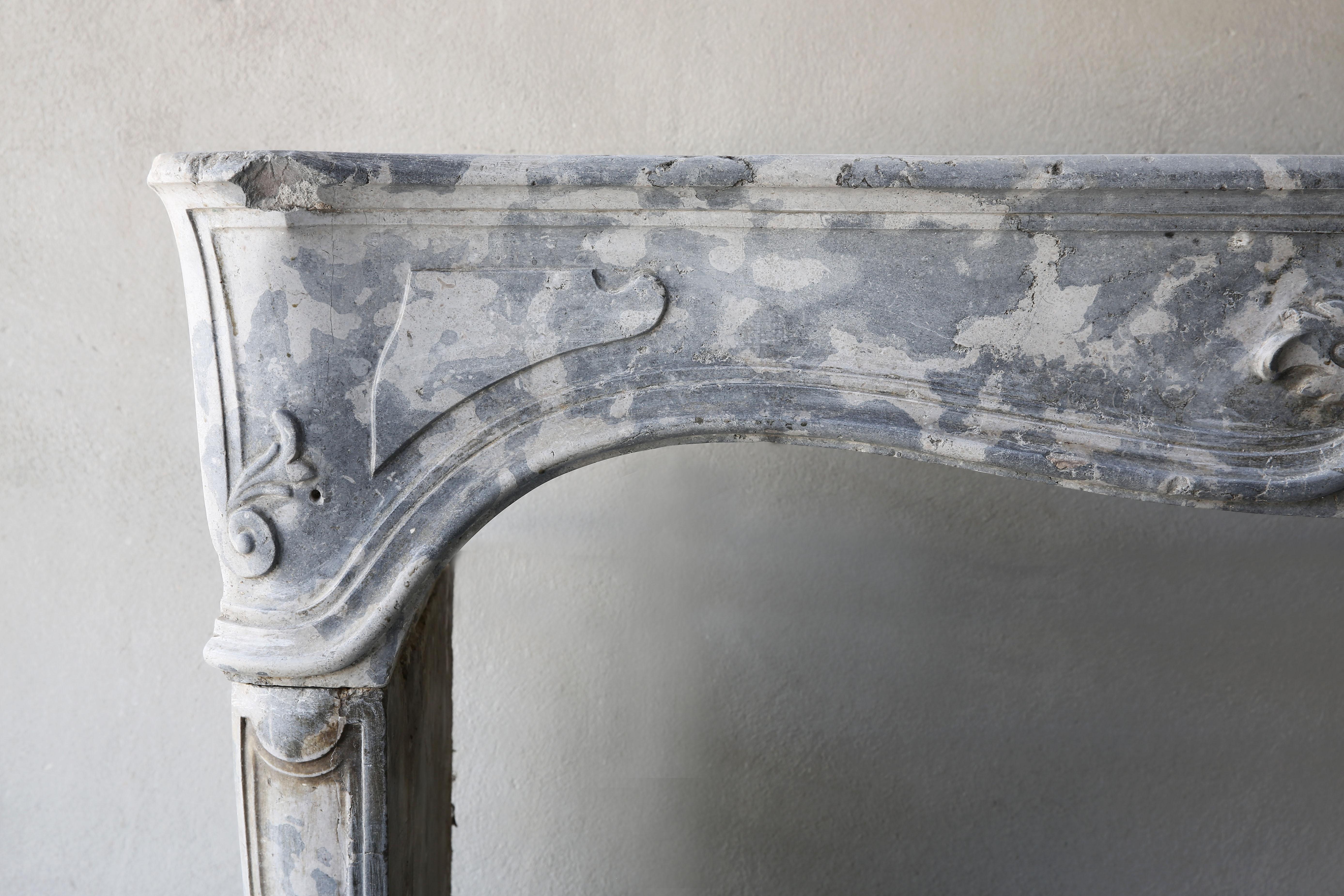 French Antique Gray Marble Stone Fireplace, 19th Century, Louis XV
