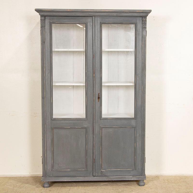 Hungarian Antique Gray Pained Bookcase Display Cabinet