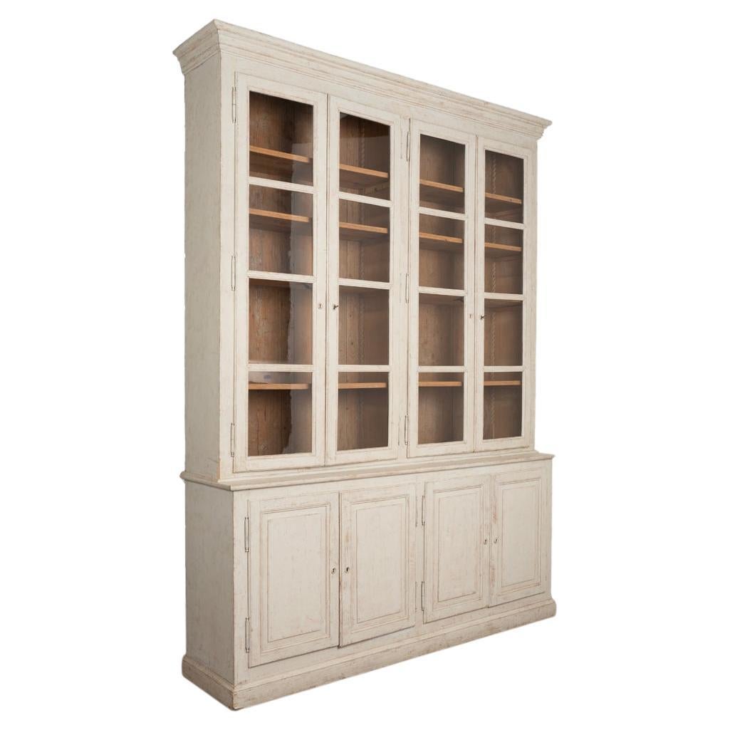 Antique Gray Painted Gustavian Tall Display Cabinet Bookcase, Sweden, circa 1860