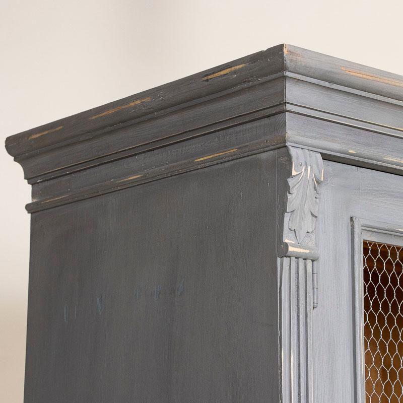 Antique Gray Painted Pine Cabinet with Wire Mesh Doors from Hungary 2