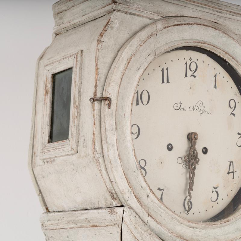 Gustavian Antique Gray Painted Swedish Mora Grandfather Clock, circa 1820-40