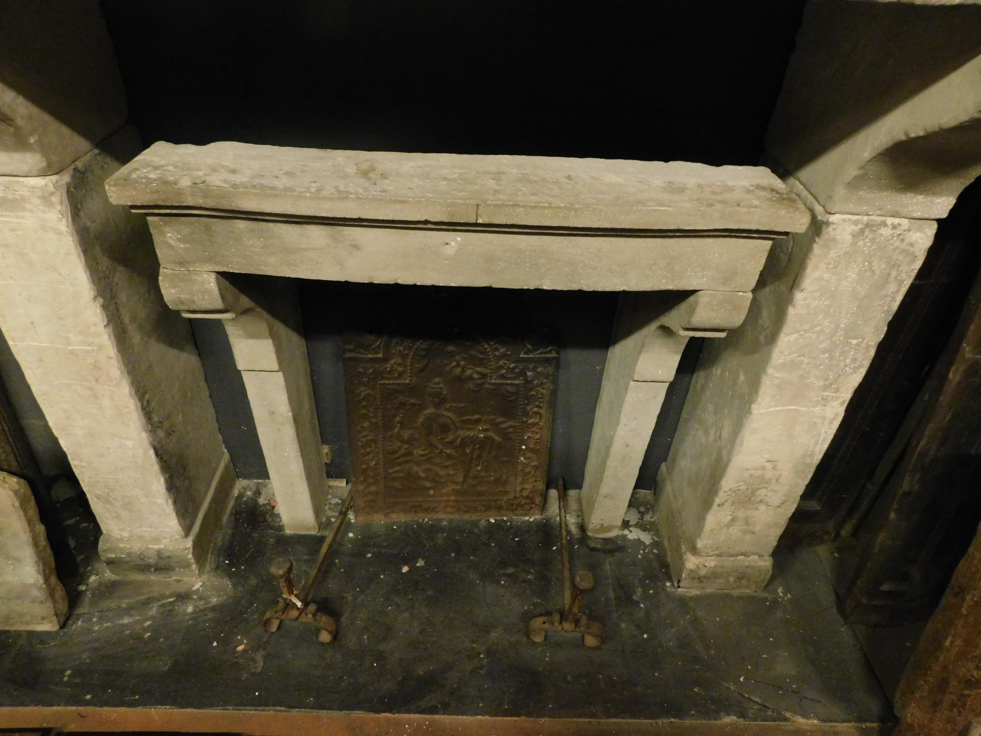 Italian Antique Gray Stone Fireplace Mantel, Wavy Legs, 1700, Italy
