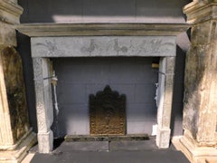 Antique Gray Stone Fireplace Mantle, Rich Decorations Carved Roosters Ivy, '700