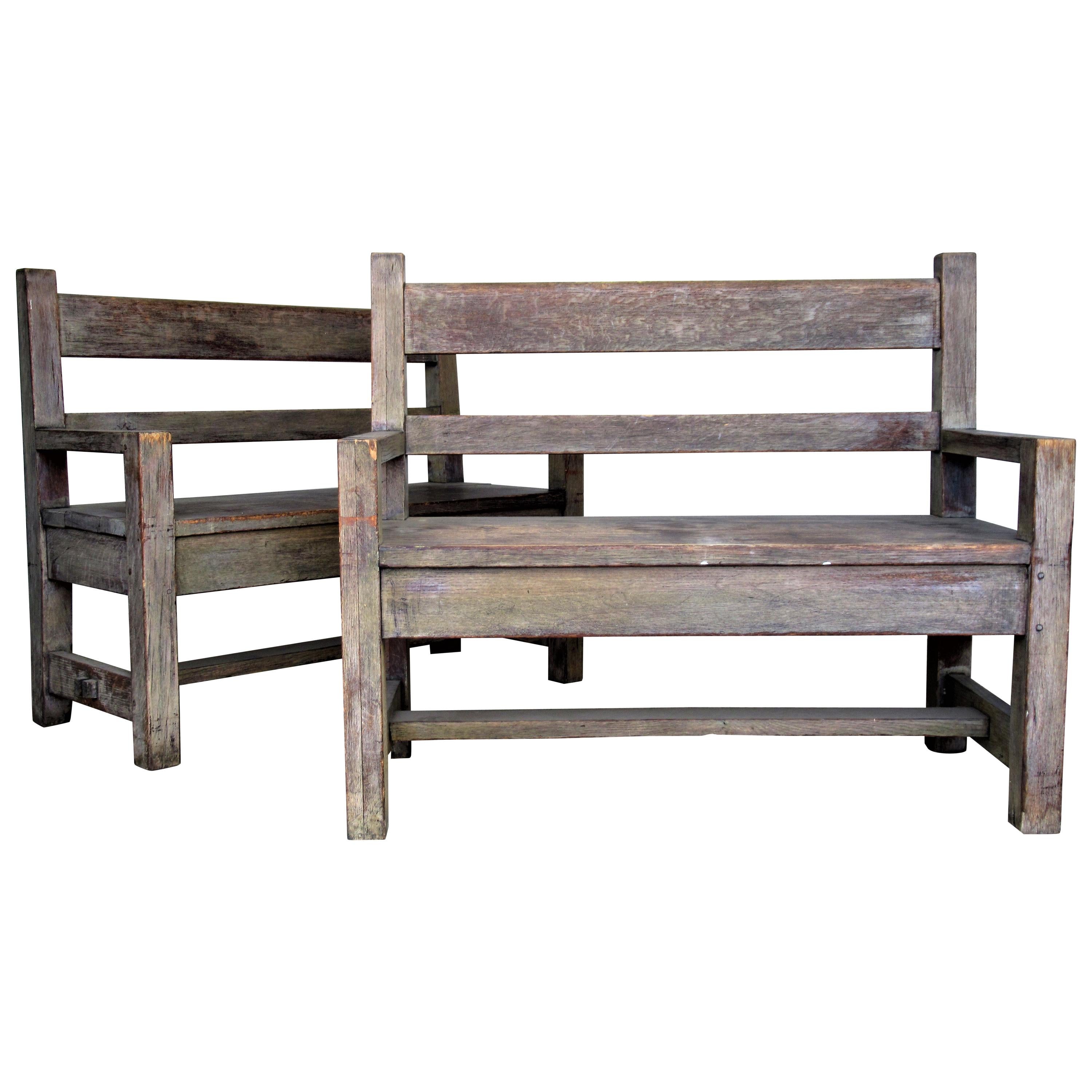 Antique American Arts and Craft Period Cerused Oak Benches 
